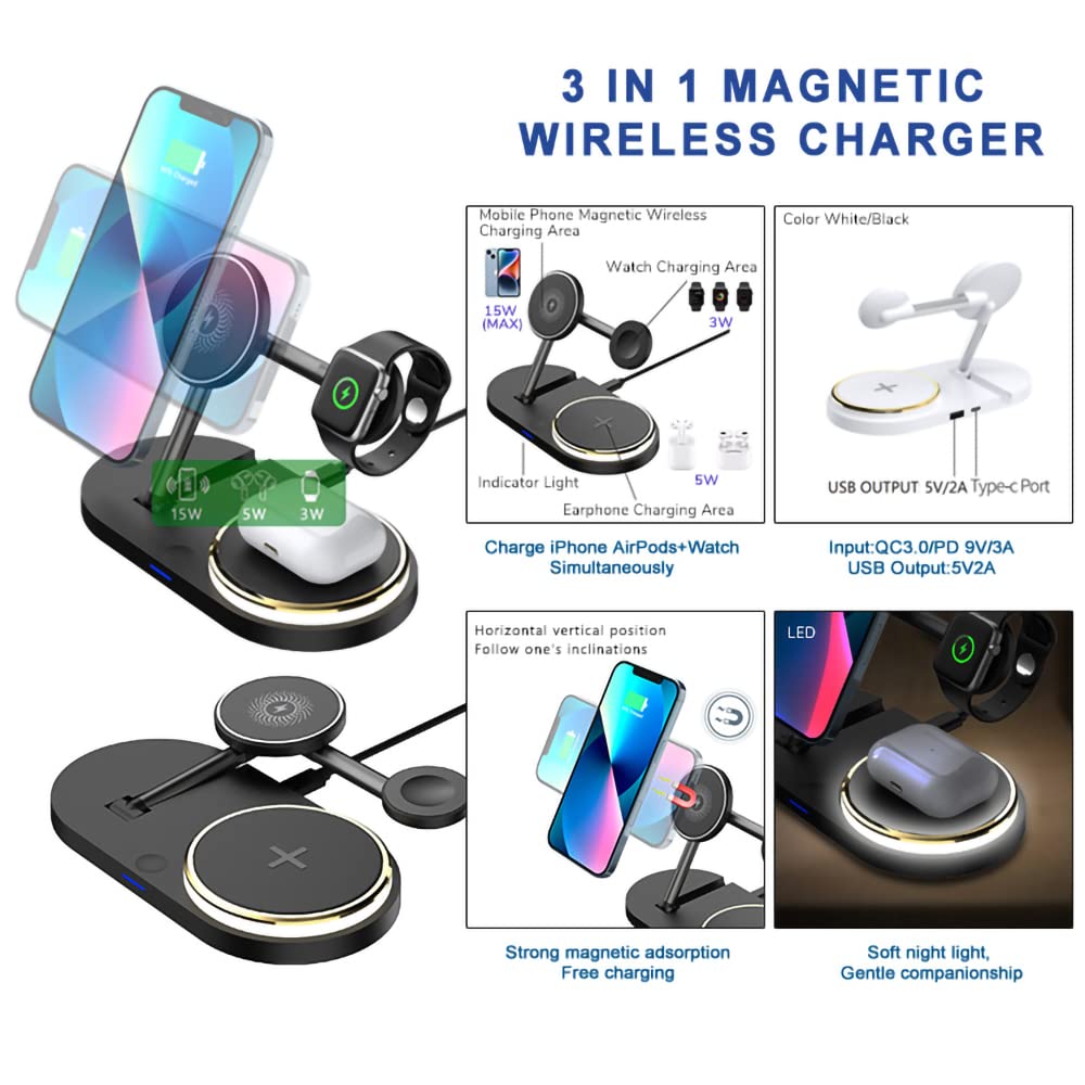 3 in 1 Wireless Charging Station for iPhone 14/13/12/11/Pro/Max, Apple Watch & AirPods - Fast Qi-Certified Charger Stand for Multiple Devices (Black) | Perfect for Bedside, Office Desk & Travel Accessories