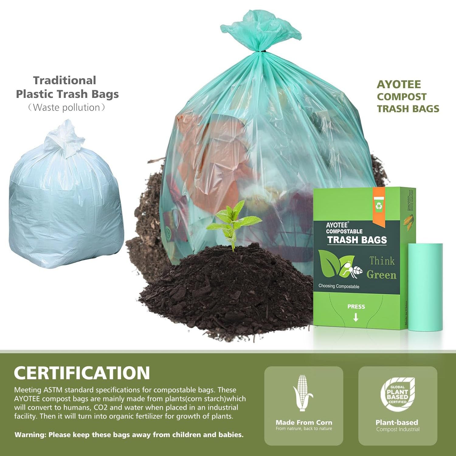 AYOTEE 13 Gallon Compostable Trash Bags - 45 Count Biodegradable Kitchen Garbage Bags | Eco-Friendly Compost Bin Liners for Kitchen, Bathroom, Home & Office | Perfect for Food Waste, Recycling & Daily Trash Disposal