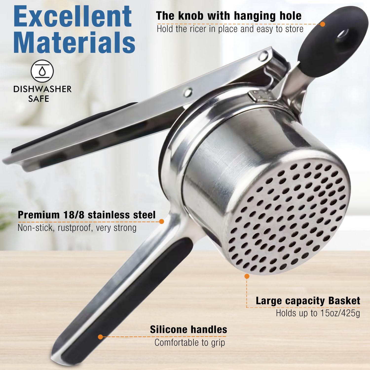 Premium AIDOIT 15oz Stainless Steel Potato Ricer & Masher - Heavy Duty with 3 Interchangeable Discs for Smooth Mashed Potatoes, Baby Food & Fruit Press - Perfect for Kitchens, Restaurants & Meal Prep