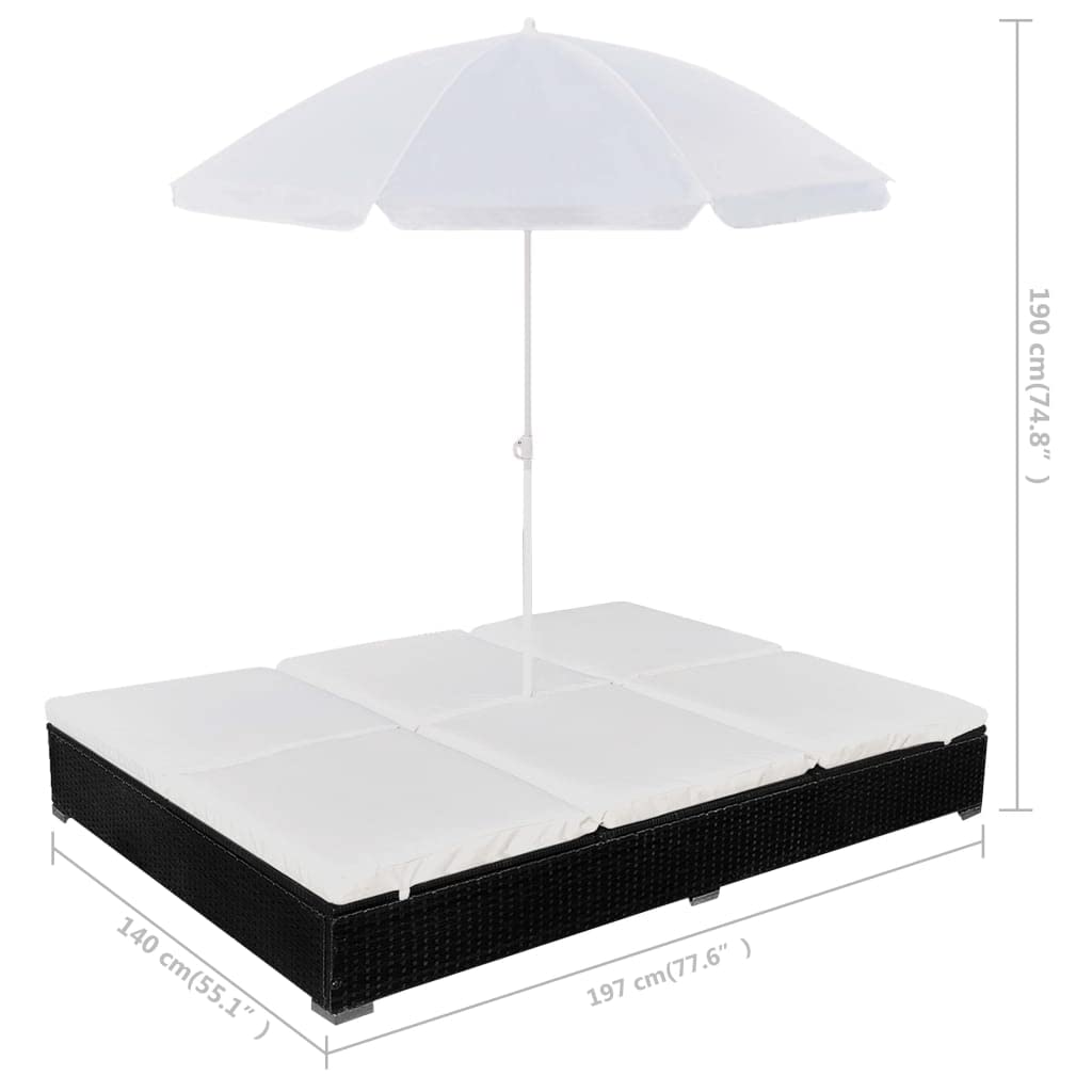vidaXL Double Patio Lounge Bed - Weather-Resistant Waterproof Poly Rattan Outdoor Sun Lounger with Adjustable Positions & Umbrella - Black - Perfect for Poolside Relaxation, Backyard Lounging, and Patio Comfort