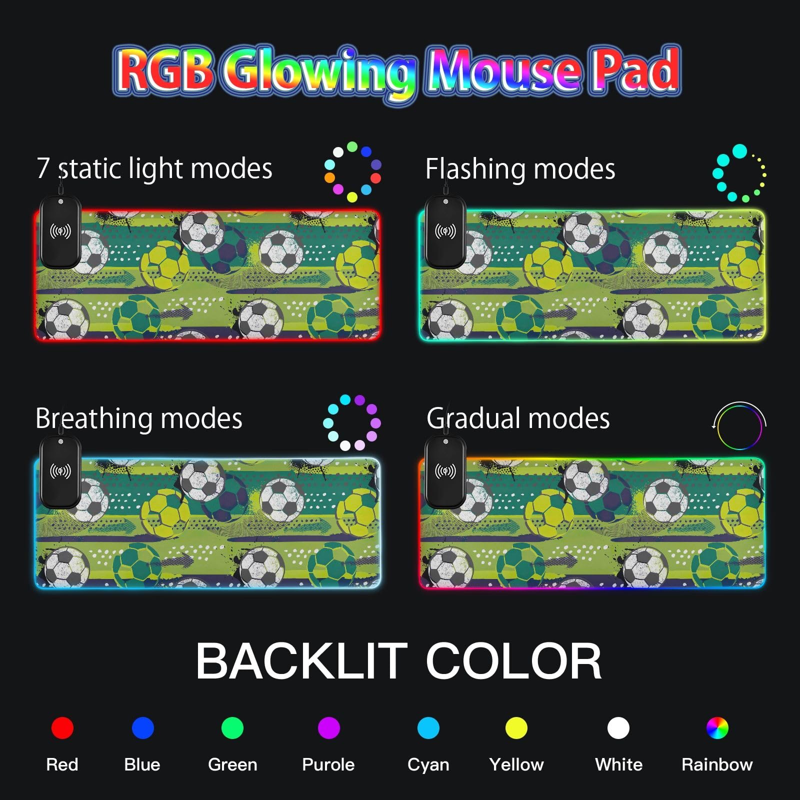 Wireless Charging Gaming Mouse Pad with 14 RGB Lighting Effects - 31.5x11.8 Inch Large Football & Geometric Design Mousepad for PC, PS5, Xbox - Perfect for Esports, Office Work & Home Gaming Setup