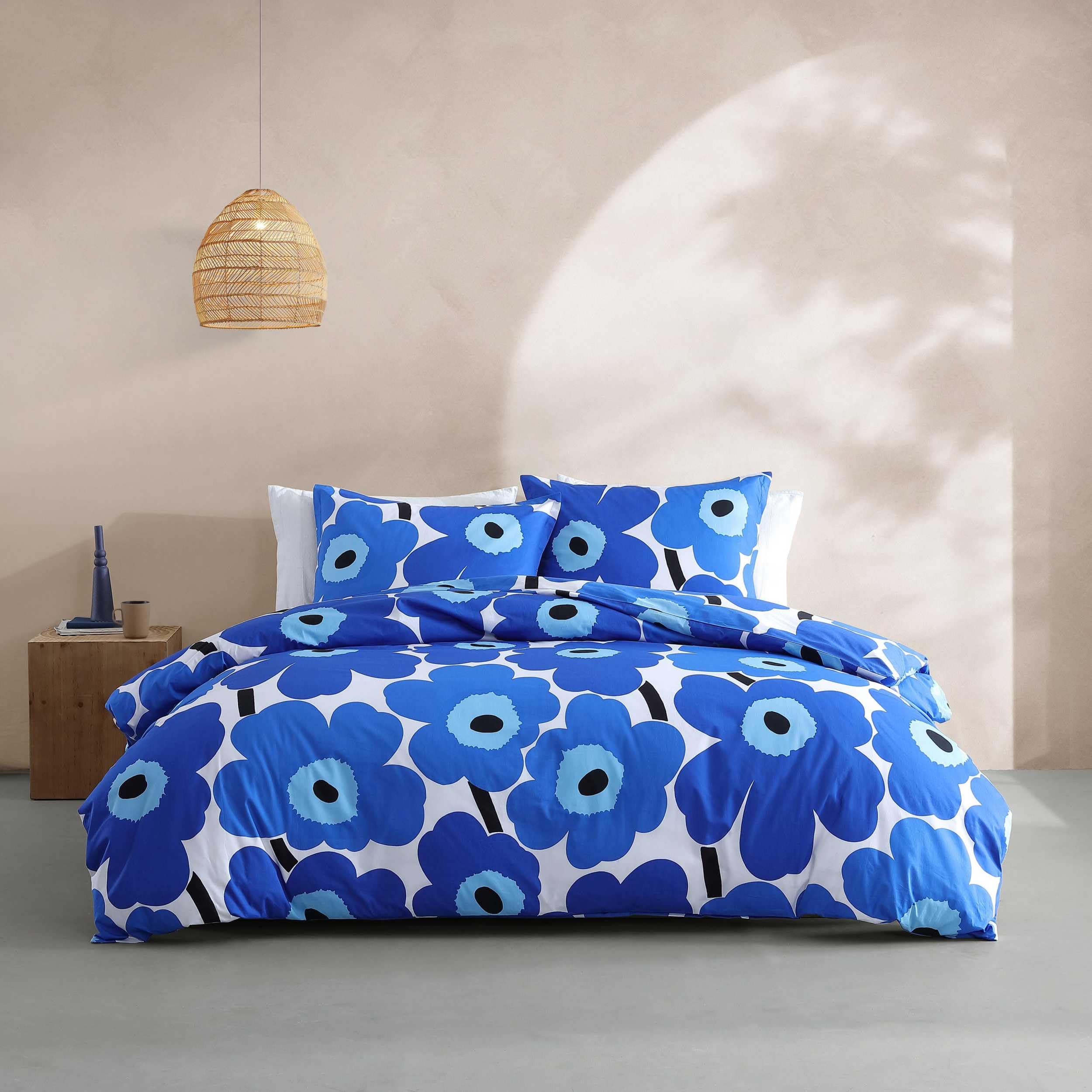 Marimekko King Comforter Set - 100% Cotton Percale Reversible Duvet Cover with Matching Shams, Floral Print Home Decor (Unikko Blue, King Size) for Master Bedroom & Guest Room Luxury Bedding