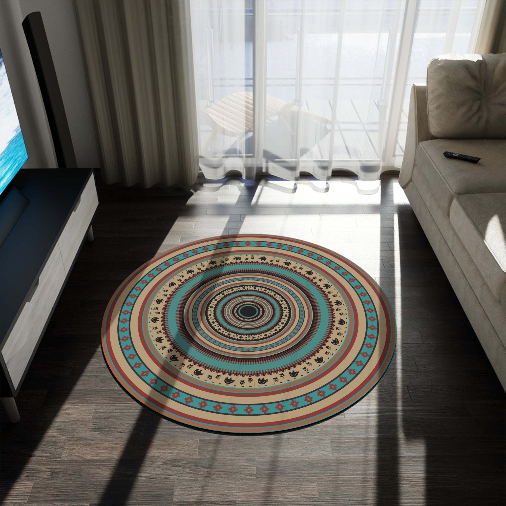 Boho Round Rug - Southwestern Print Polyester Chenille Accent Rug for Living Room, Bedroom, Office - Soft & Stylish Home Decor for Boho Chic Interiors
