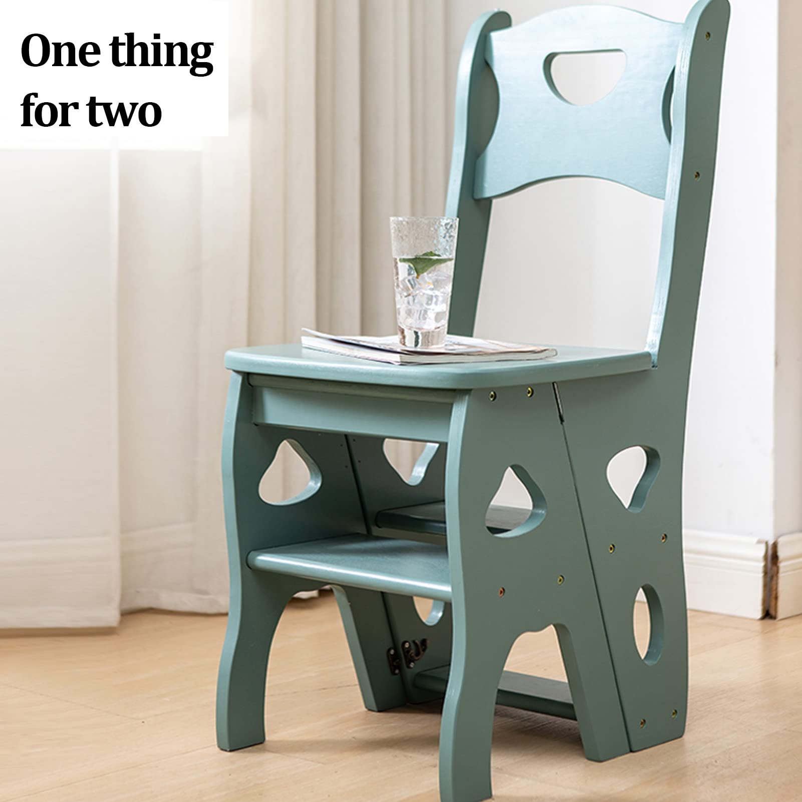 Foldable Wooden Ladder Chair - Portable, Sturdy, Non-Slip Multifunctional Step Stool for Home, Library, Plant Stand - Blue & White (Perfect for Reaching High Shelves, Home Decor & Gardening)