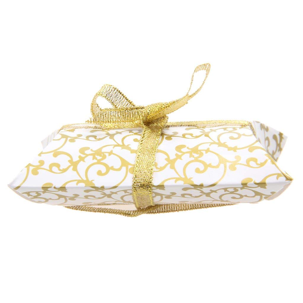 50 Pack Gold Candy Pillow Boxes - 11.5 x 7cm Wedding Favor Gift Boxes with Ribbon for Party, Baby Shower & Bridal Favors | Elegant Sweet Treat Packaging for Special Occasions