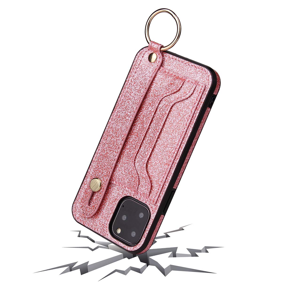 Sparkly Bling PU Leather iPhone 12 Mini Case with Card Holder & Adjustable Wrist Strap - Protective Phone Cover in Pink | Perfect for Hands-Free Shopping, Gym Workouts & Travel Convenience