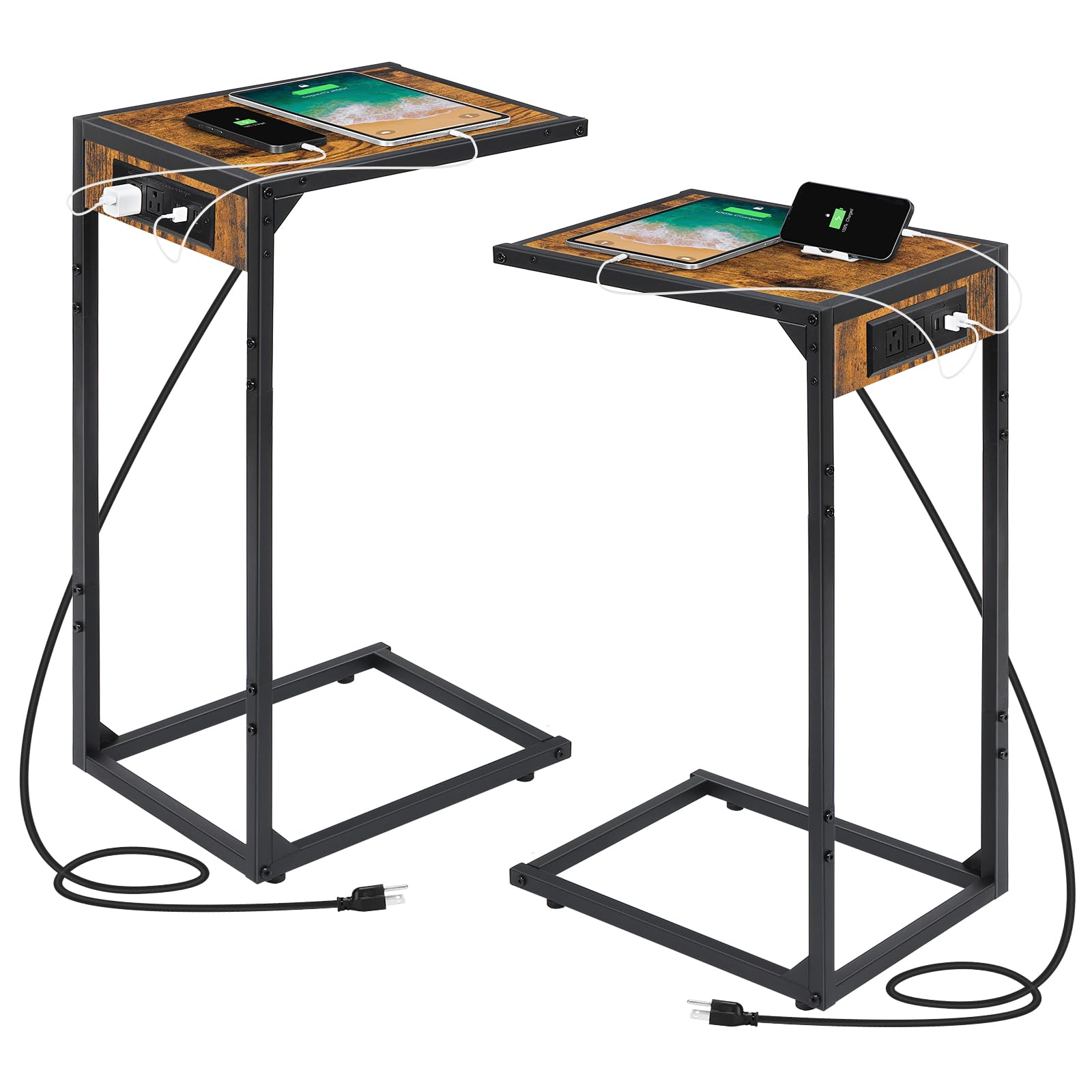 2-Piece C-Shaped End Table Set with USB Charging Station & Power Outlets - Snack Side Table for Couch, Living Room & Bedroom - Space-Saving Slide-Under Design (Brown) - Perfect for Small Spaces, Movie Nights & Charging Devices