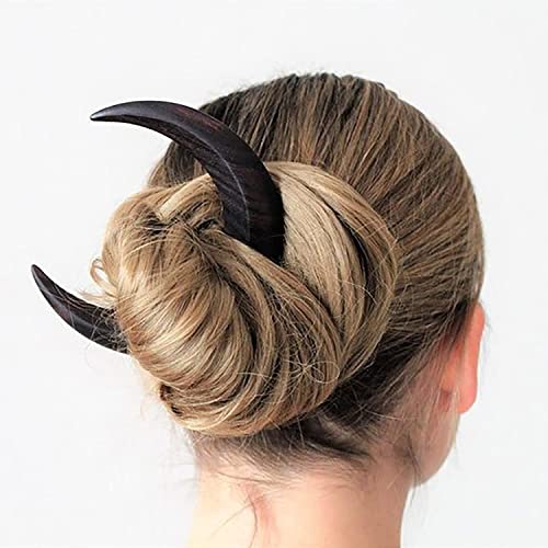 Hand Carved Crescent Moon Hair Fork for Women - Wooden Hair Stick & Comb for Thick Hair Styling - Natural Hair Accessories (Black) - Perfect for Weddings, Parties & Boho Hairstyles
