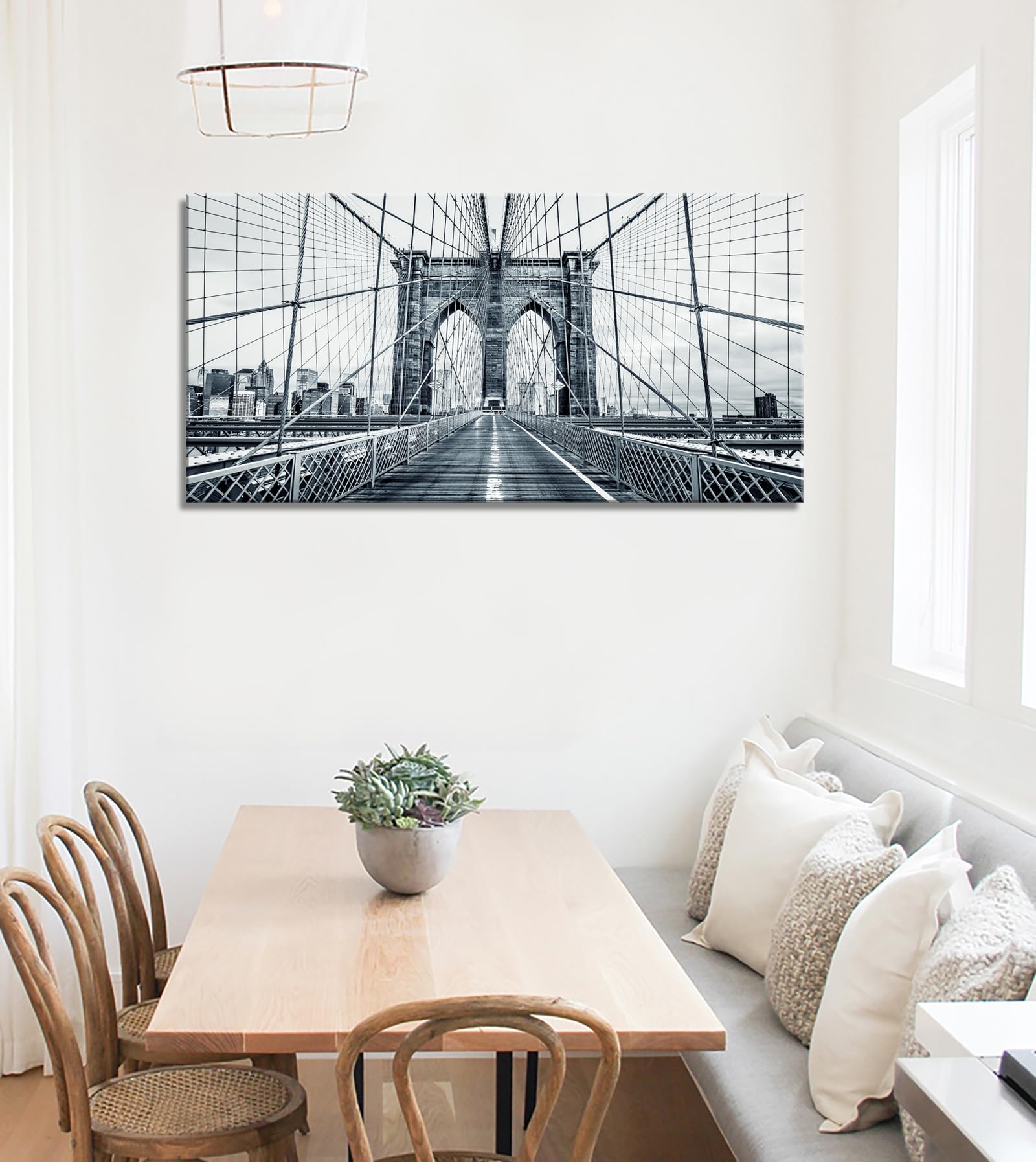 Black and White New York City Brooklyn Bridge Wall Art - Stretched & Framed Canvas Painting for Living Room, Office & Home Decor | DZL Art Q70775 | Perfect for Urban Style Interiors & Gift Giving
