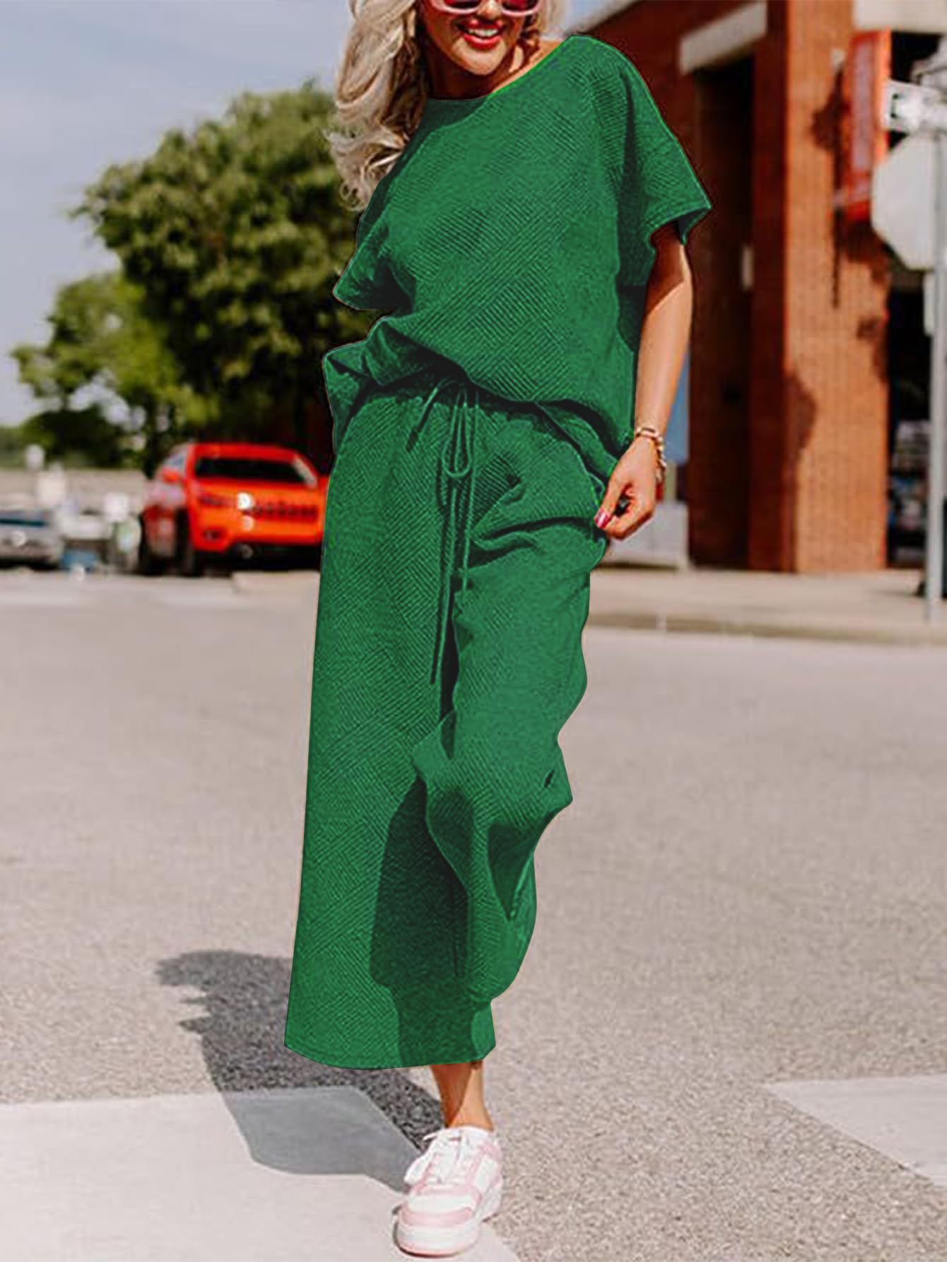 YKR Women's 2-Piece Lounge Set - Soft Knit Short Sleeve Pullover Top & Wide Leg Pants | Summer Comfort Outfit 2024 | Perfect for Home Relaxation, Yoga & Casual Wear