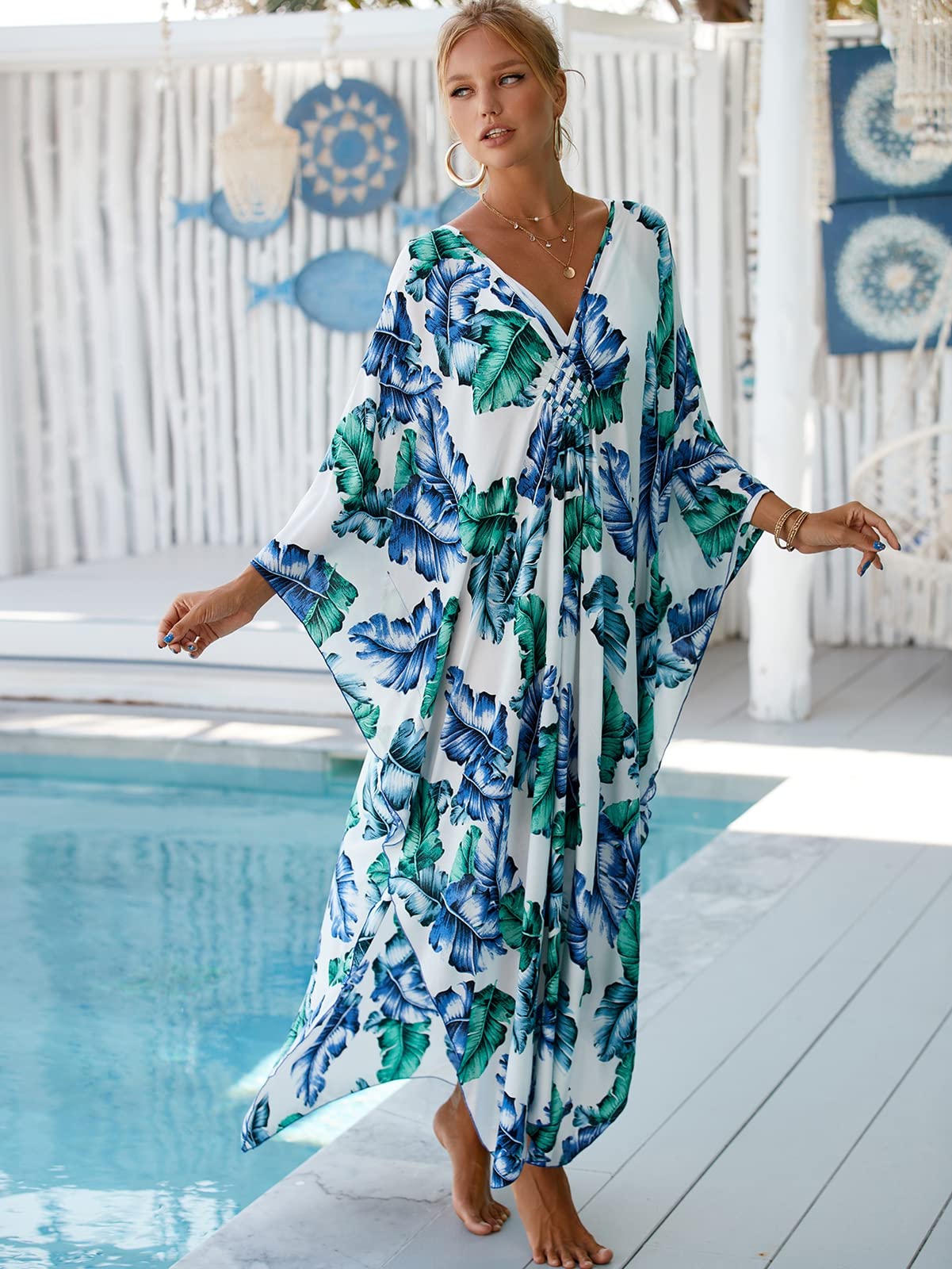 RanRui Women's Floral Kaftan Dresses - Plus Size Wave Neck Boho Muumuu Dress for Beach, Vacation & Summer Outfits