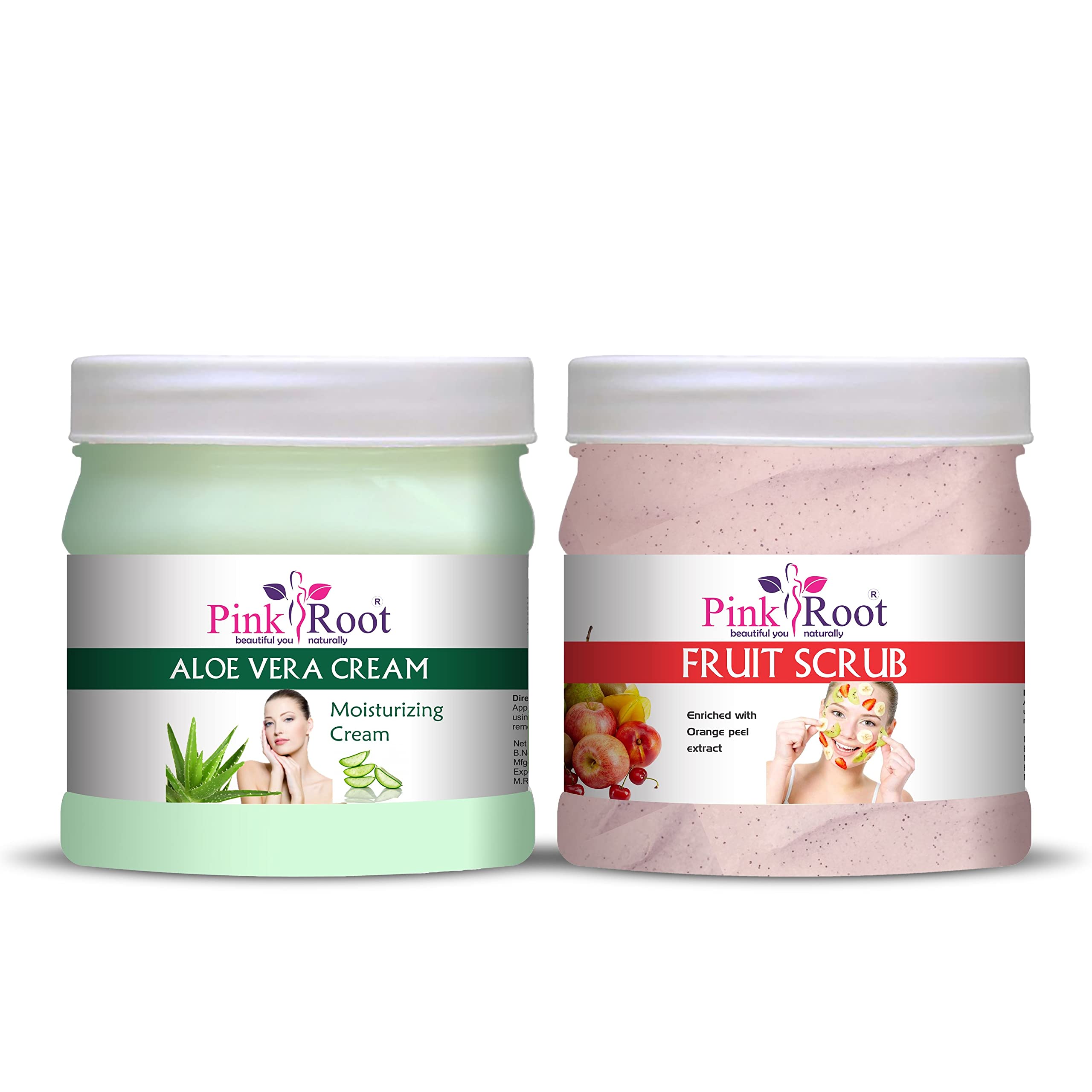 Natural Pink Root Aloe Vera Cream & Fruit Scrub Set - 500gm Each for Hydration & Exfoliation | Perfect for Dry Skin Care & Body Treatment