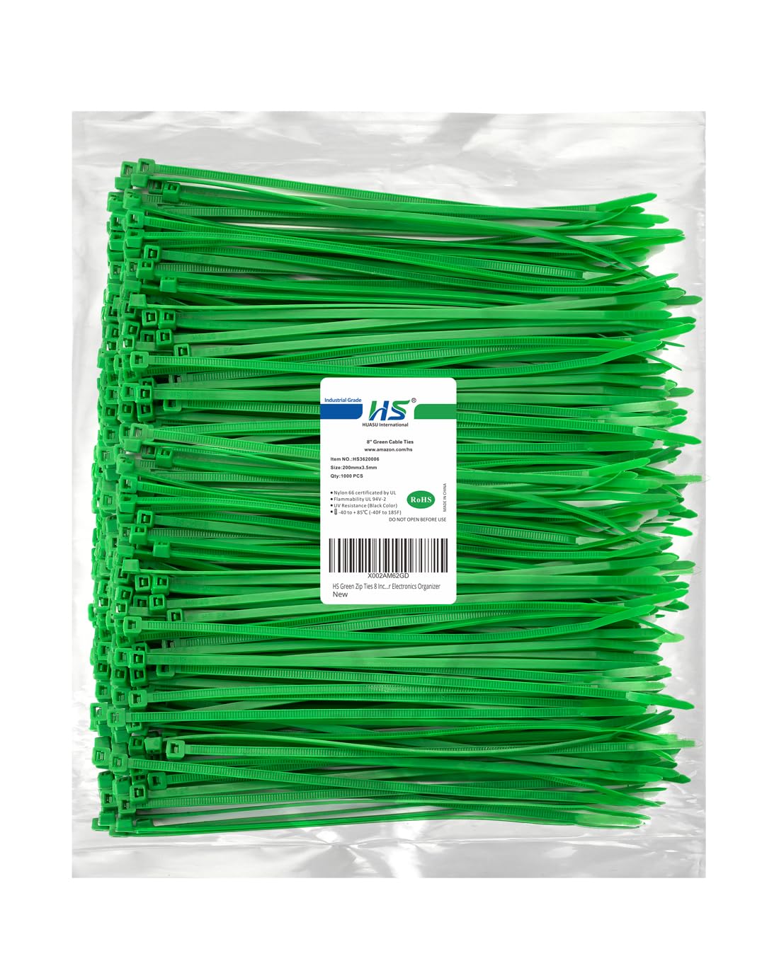 HS Green 8-Inch Nylon Cable Ties (1000 Pack) - 40 Lbs Self-Locking Wire Ties for Electronics, Home & Office Organization - Perfect for Bundling Wires, Securing Cables & DIY Projects