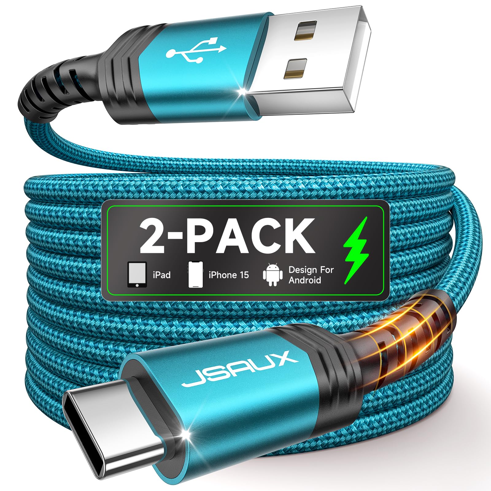 JSAUX 6.6FT 2-Pack USB C to USB C Fast Charging Cable 3.1A Braided Cord - Compatible with iPhone 16/15/Pro/Max/Plus, Samsung Galaxy S24/S23/S22/Note 10, PS5 Controller, OnePlus - Green | Perfect for Home, Office & Travel Charging