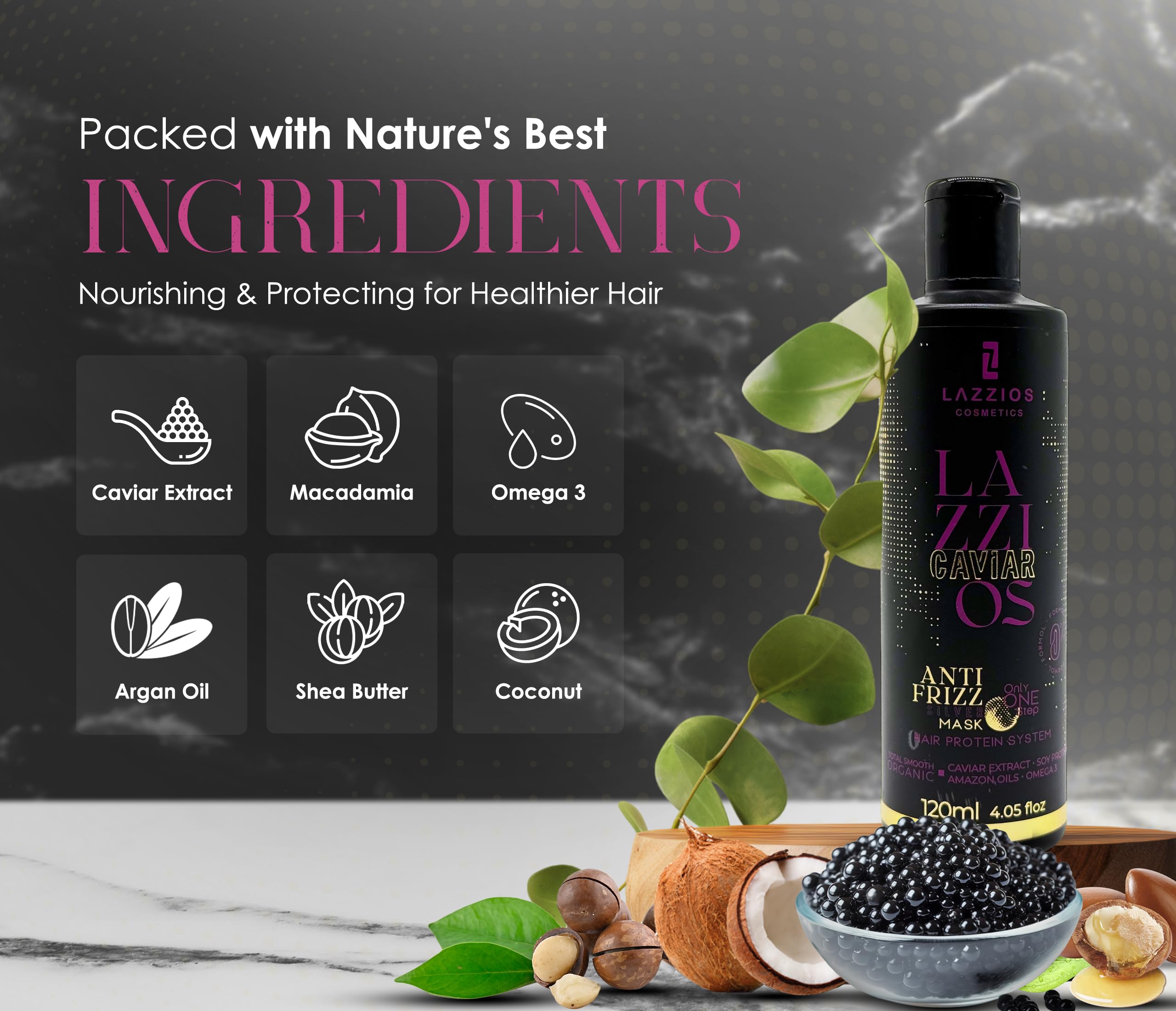 Lazzios Caviar Organic Hair Protein Treatment – Brazilian Straightening & Anti-Frizz Formula with Hyaluronic Acid, Hydrolyzed Keratin & Caviar Extract – Formaldehyde-Free, 120ml – For Smooth, Shiny & Manageable Hair at Home or Salon