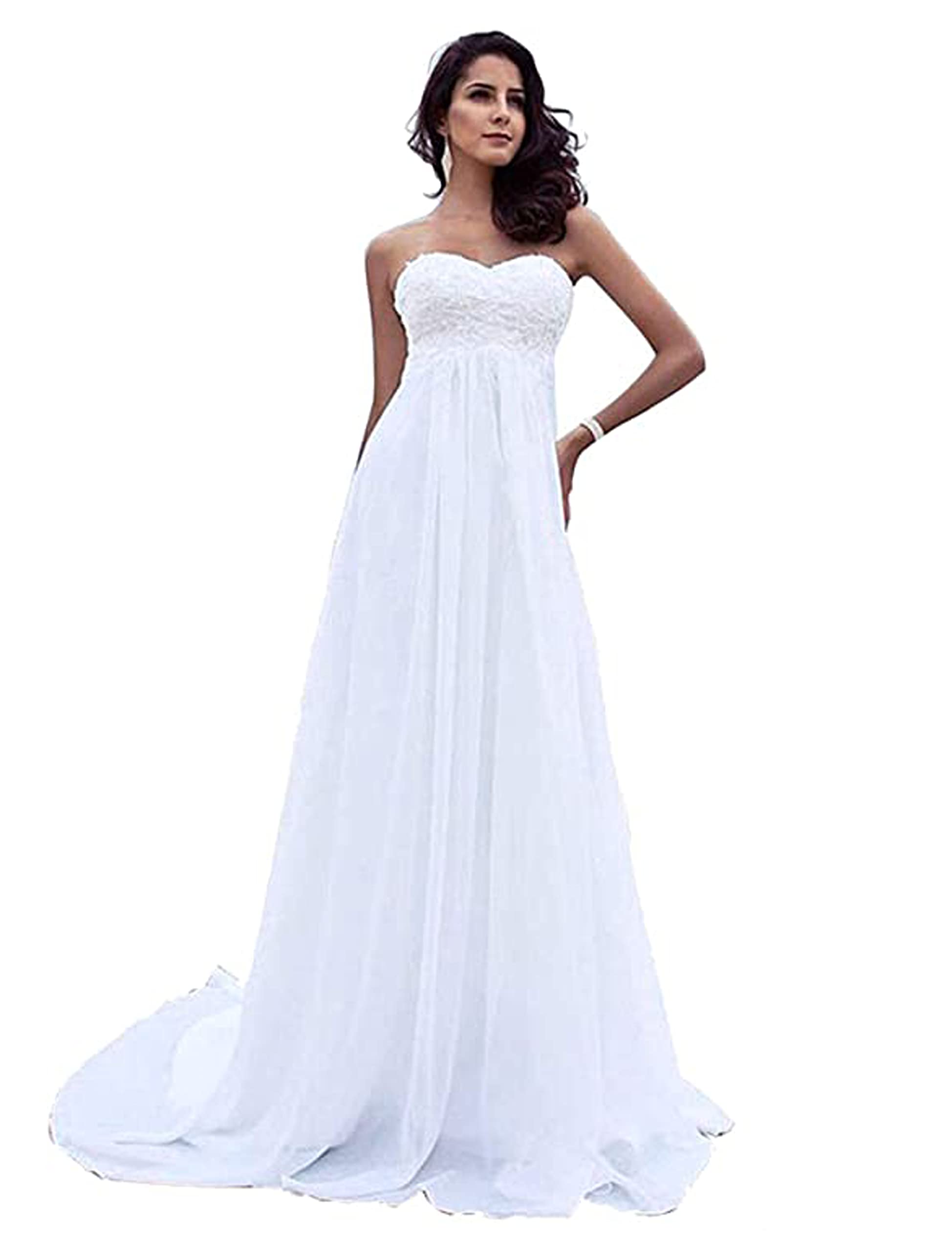 Plus Size Beach Wedding Dresses for Women - Elegant Long Lace Chiffon Bridal Gowns with Pearl Details | Perfect for Destination Weddings, Beach Ceremonies & Romantic Photos