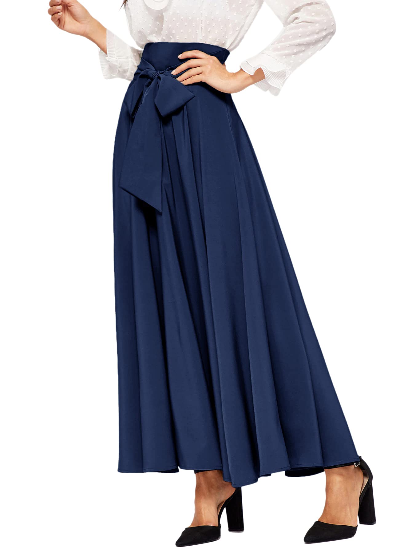SweatyRocks Women's Elegant High Waist Tie Front Pleated Maxi Skirt - Flowy Summer Midi Dress for Beach, Party & Casual Wear