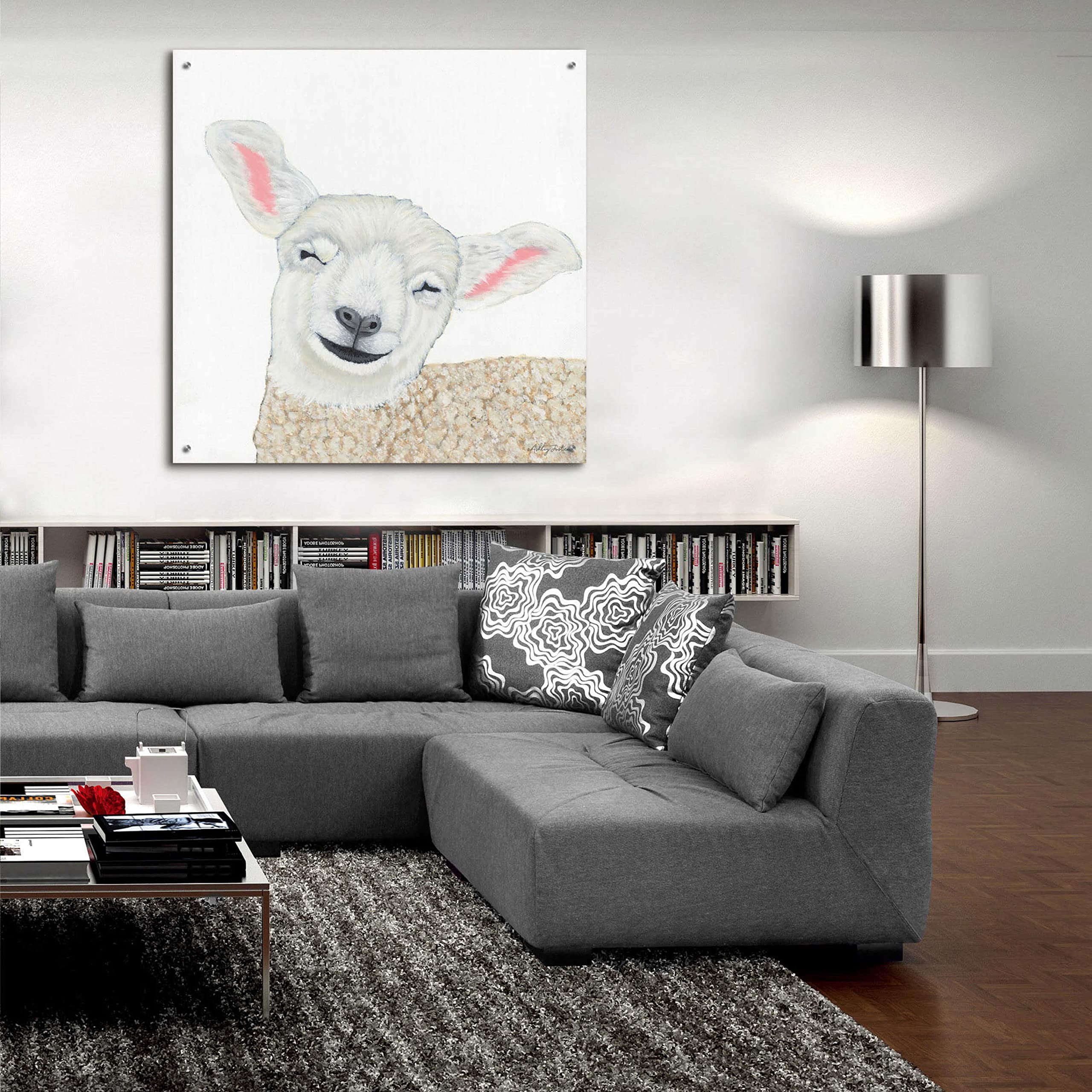 Epic 'Smiling Sheep' Acrylic Glass Wall Art by Ashley Justice - 36x36 Inches Modern Home Decor for Living Room, Bedroom & Office
