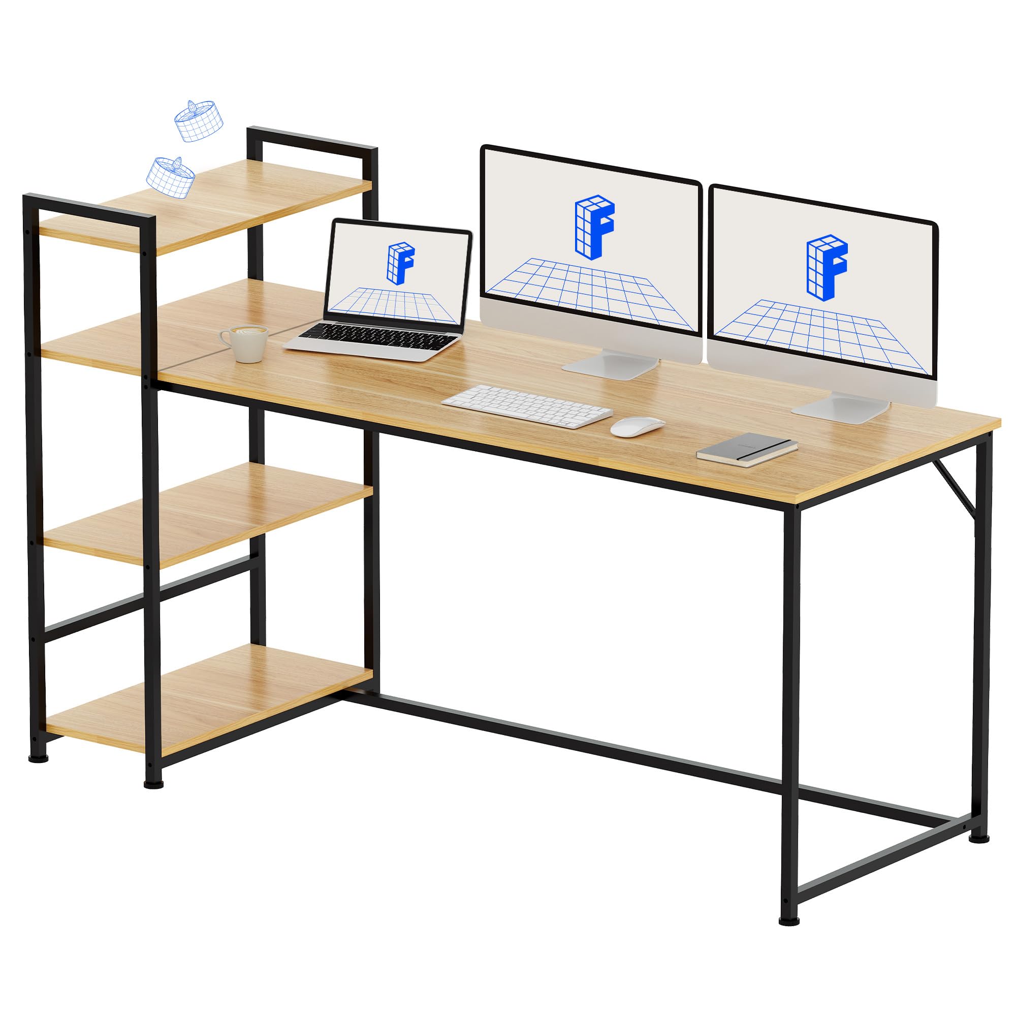 FLEXISPOT 63 Inch Modern Computer Desk with Storage Shelves - Sturdy Home Office Workstation, Study Table & Writing Desk in Industrial Maple Finish | Perfect for Small Spaces, Remote Work & Dorm Rooms