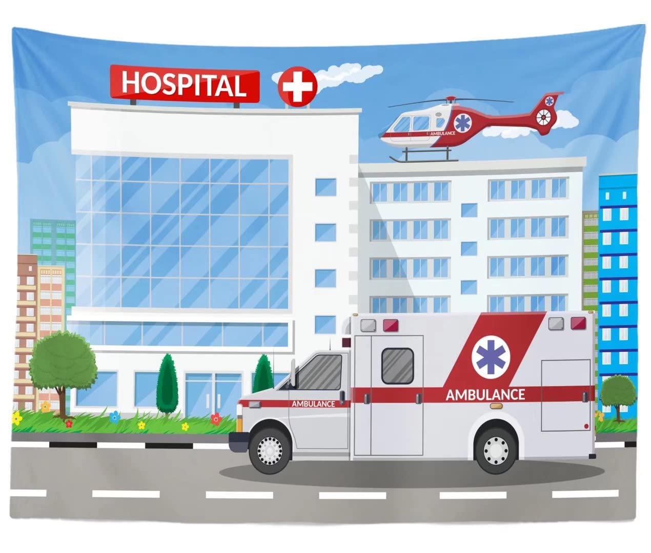 BELECO 8x6ft Cartoon Ambulance & Hospital Building Fabric Backdrop - Doctor Nurse Themed Healthcare Workers Background for Hospital Play, Birthday Party Decor, Studio Props & Photography Scenes