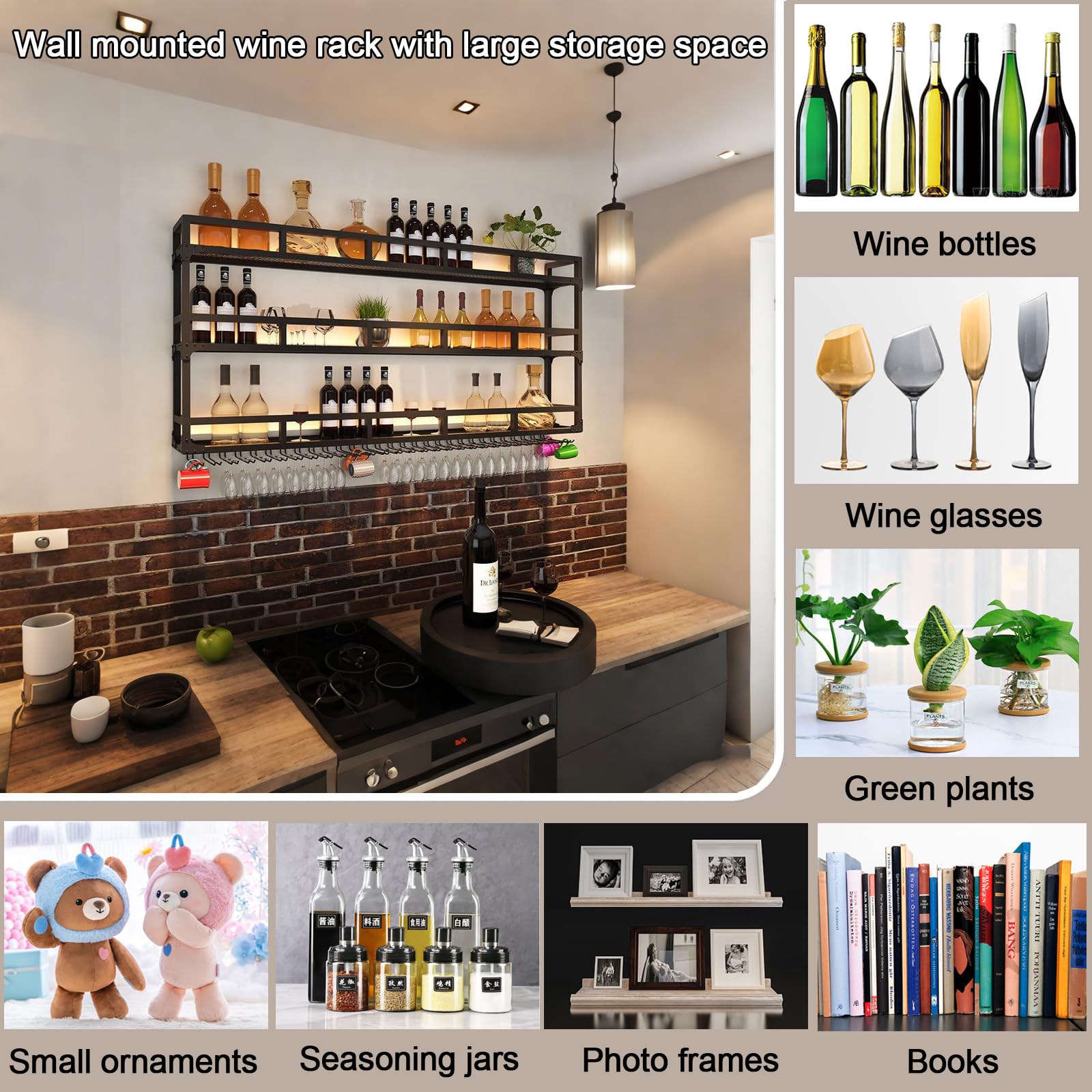 Modern Black Metal Wall Mounted Wine Rack - Large Capacity Hanging Bar Shelf for Liquor Bottles Storage | Iron Floating Wine Holder for Kitchen, Dining Room & Home Decor | Perfect for Wine Enthusiasts & Entertaining Guests