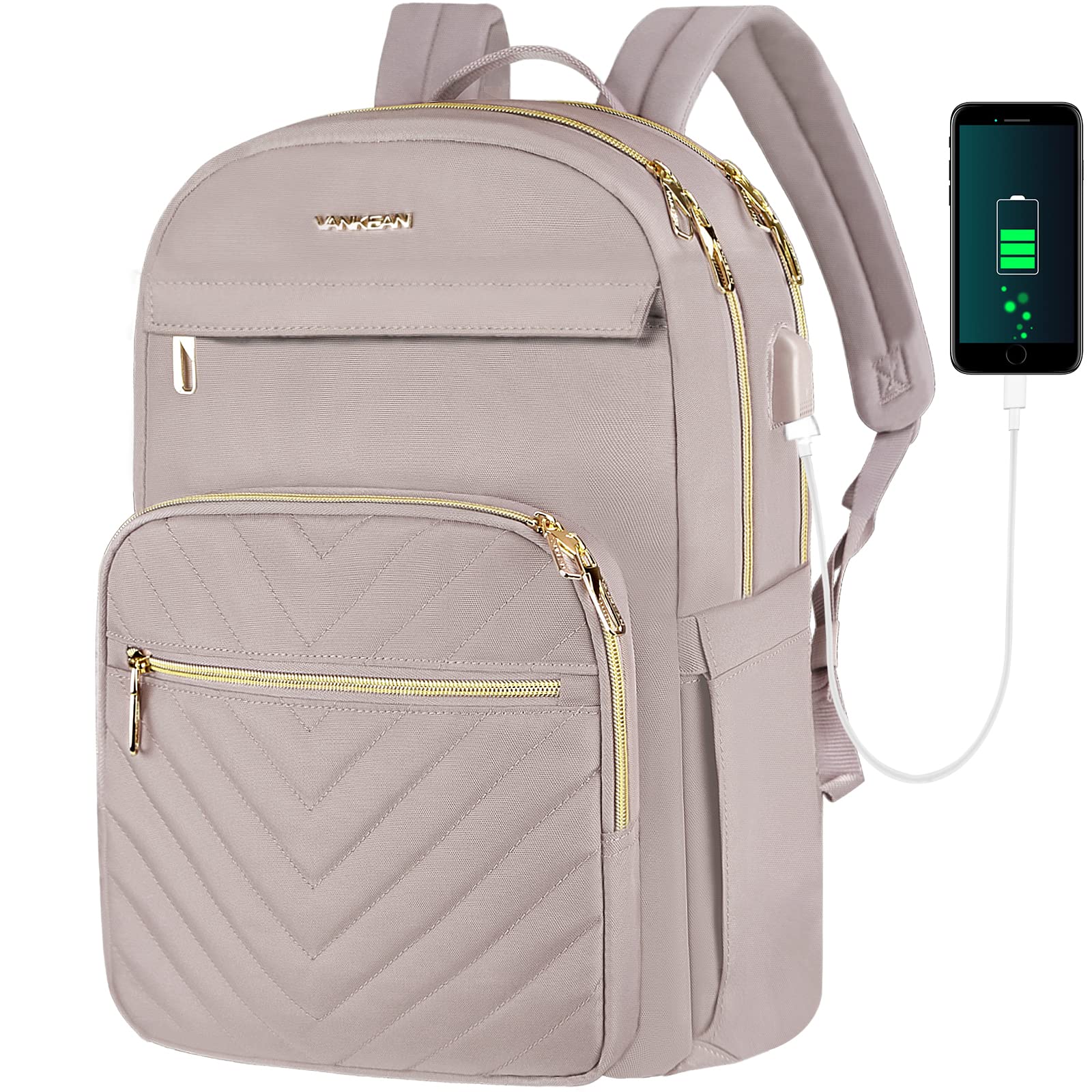 VANKEAN 15.6 Inch Laptop Backpack for Women - USB Charging Port, Waterproof Travel Bag, Stylish Work Backpack for College & Business (Light Dusty Pink) - Perfect for Commuting, Office Work & School Use