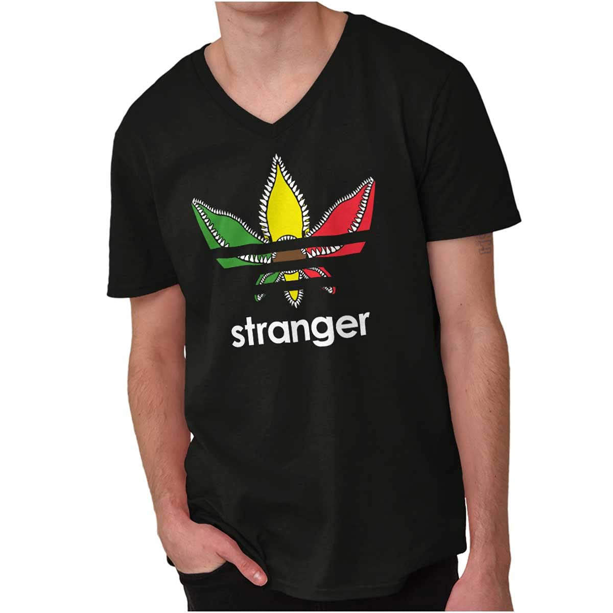 Stranger Logo Weed Stoner Marijuana Leaf V-Neck T-Shirt for Men & Women - Casual Streetwear for 420 Events, Music Festivals & Stoner Fashion