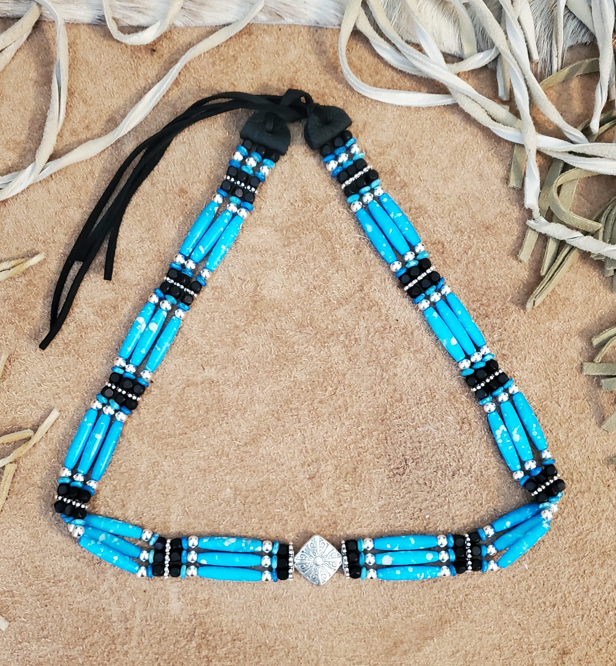 Handmade Western Cowboy Hat Band with Turquoise Hairpipe Beads & Metal Diamond Centerpiece - Vintage Style Accessory for Rodeo, Country Music Festivals & Western Fashion