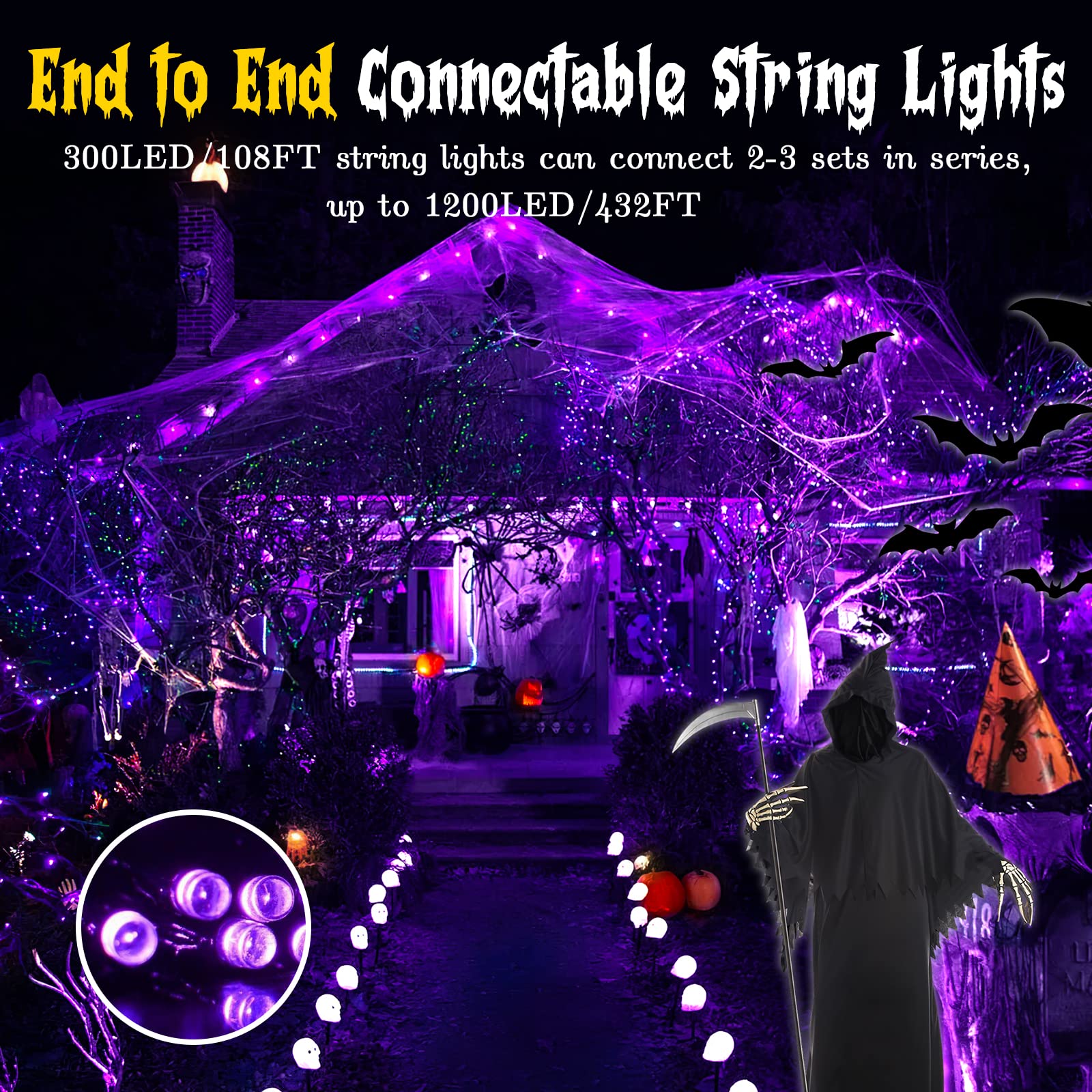 300 LED Purple Halloween String Lights - 108FT Waterproof Connectable Twinkle Fairy Lights for Indoor/Outdoor Party, Wedding, Garden & Tree Decorations | Perfect for Halloween, Christmas, Patio, Backyard & Special Events
