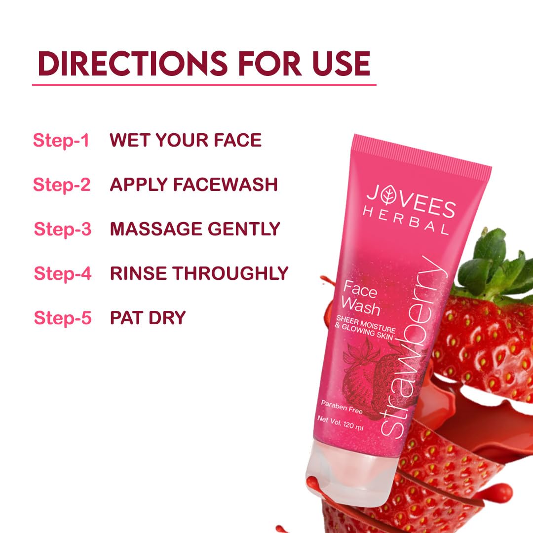 Jovees Herbal Strawberry Face Wash for Hydrated & Glowing Skin with Strawberry Extract | Gentle Cleanser Brightens Skin & Reduces Pigmentation | Normal to Dry Skin | 120ml (Pack of 2) | Daily Skincare Routine & Morning/Night Use