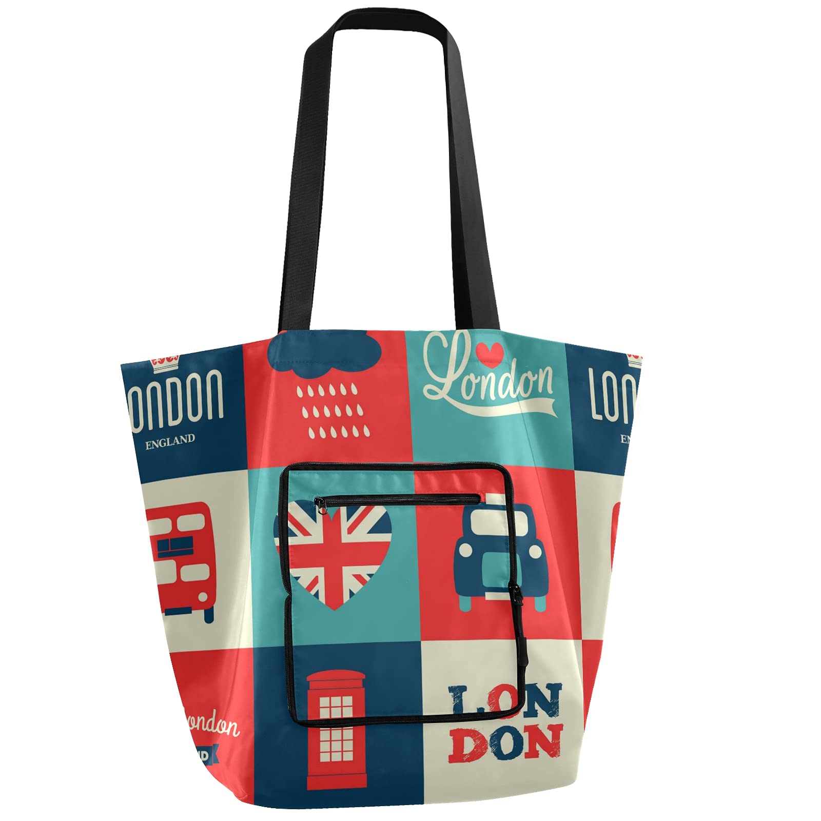 ALAZA Cartoon London British Flag Union Jack Large Reusable Tote Bag - Foldable Lightweight Grocery Shopping Bag with Handles for Women & Men | Perfect for Outdoors, Picnic, Travel, Beach & Daily Use