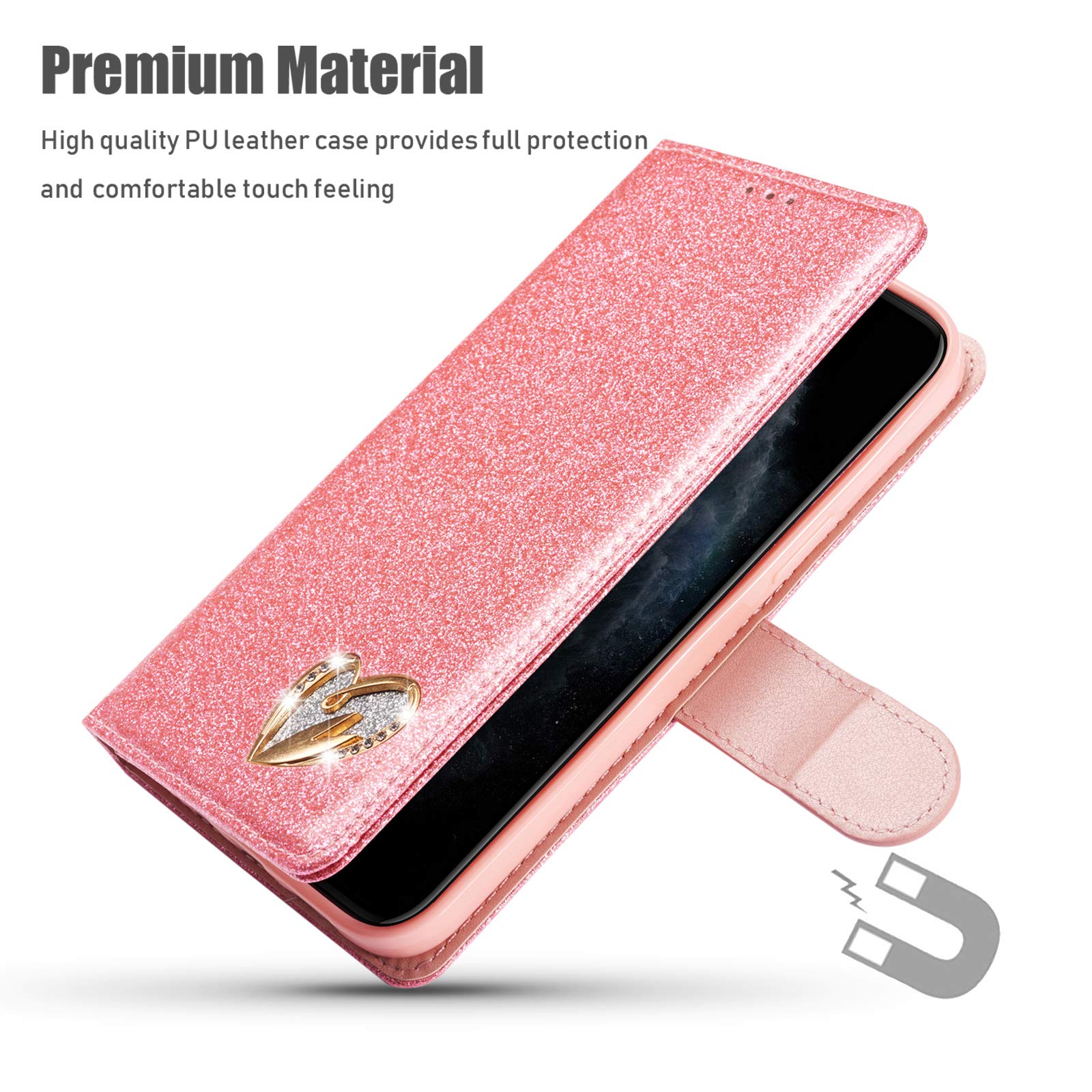 QLTYPRI iPhone 12 Pro Max Case 6.7 inch - Glitter PU Leather Wallet Phone Cover with Card Holder, Wrist Strap & Heart Diamond Design | Perfect for Daily Use, Travel, and Gift Giving - Pink