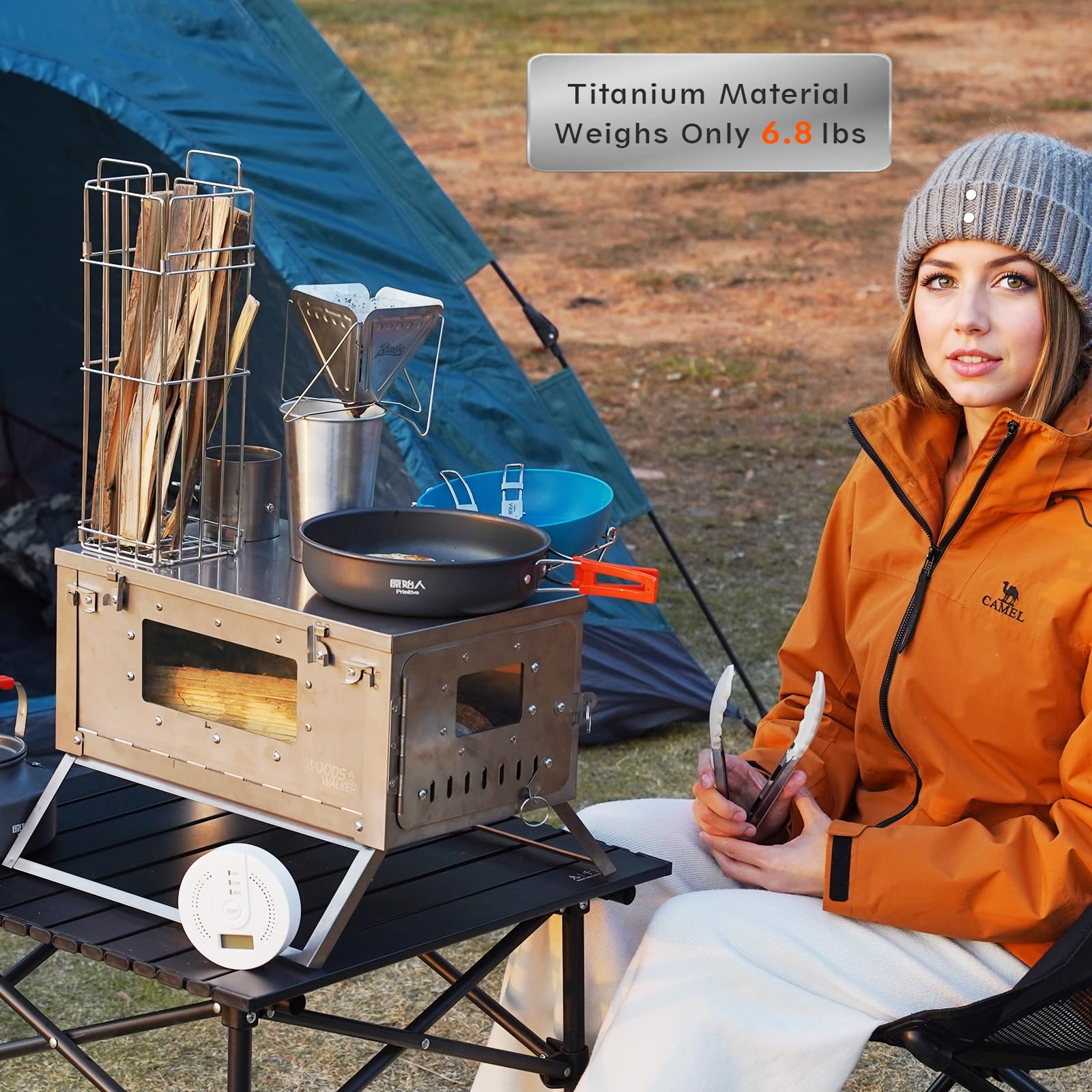 Woods Walker Titanium Hot Tent Wood Stove - Portable Folding Ultra Lightweight for Winter Camping, Hiking, Backpacking | BBQ Grill & Chimney Included | Perfect for Outdoor Cooking & Survival Gear