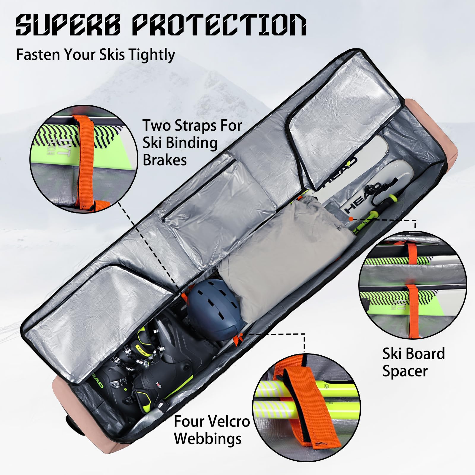 **Goloni Wheeled Ski and Snowboard Travel Bag - 600D Waterproof Padded Ski Carrier for Air Travel - Fits 2 Pairs of Skis - Foldable Design for Easy Storage - Perfect for Winter Vacations & Mountain Trips**