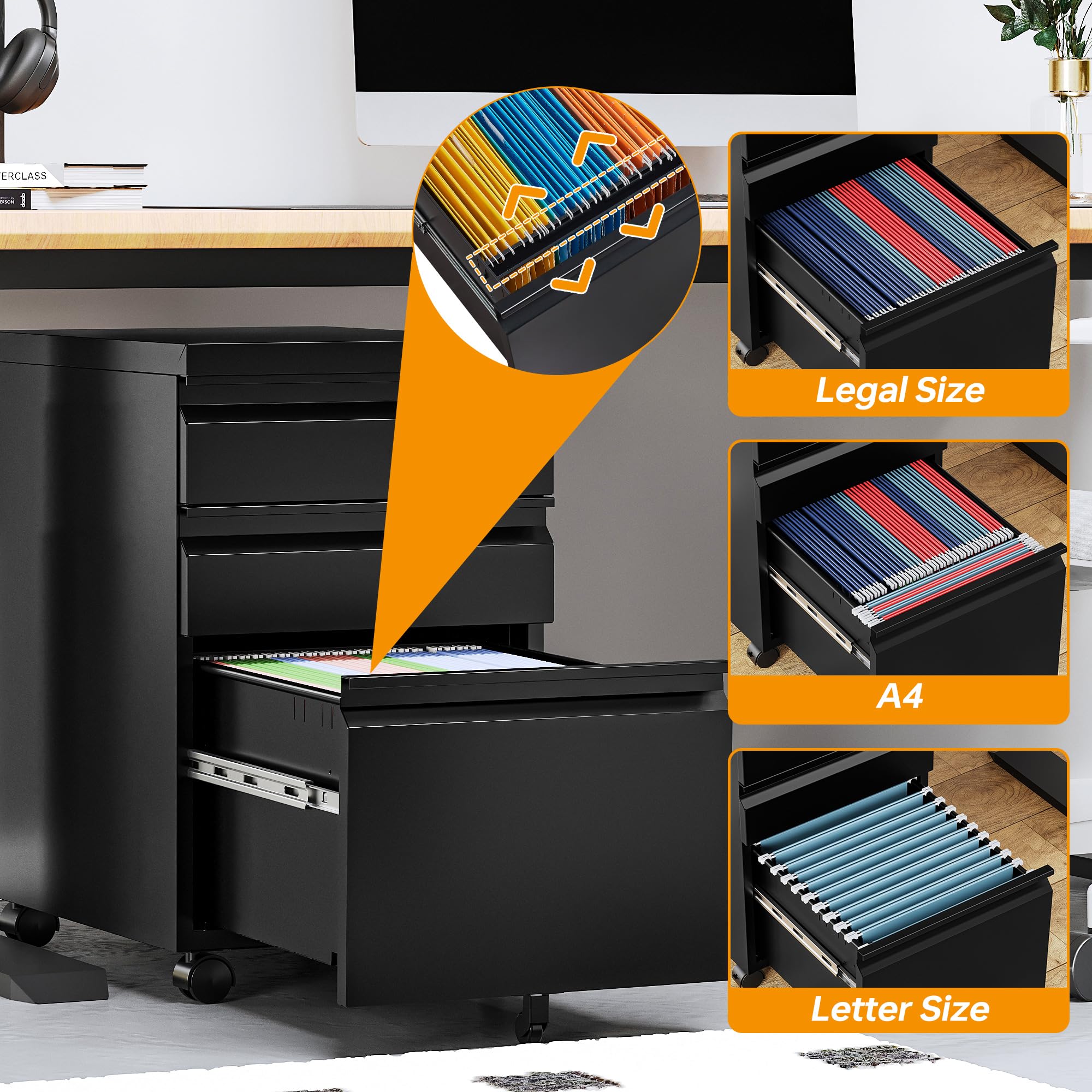 STANI 3-Drawer Locking Mobile File Cabinet with Wheels - Rolling Metal Office Storage Cabinet for Under Desk Use - Fully Assembled for Easy Setup - Perfect for Home Office, School, and Workspace Organization