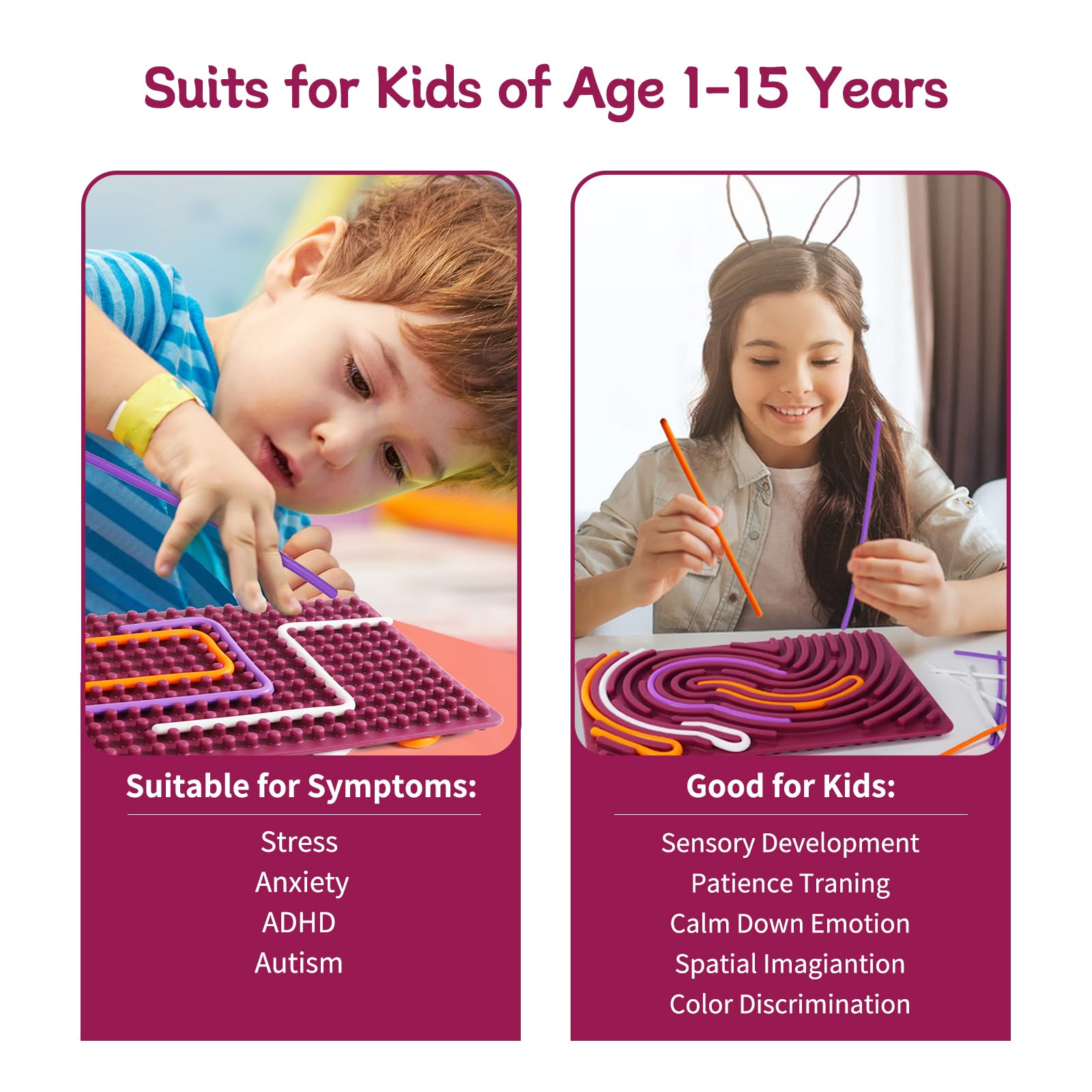 Double-Sided Silicone Sensory Fidget Board for Kids & Adults - Stress Relief, Anxiety, ADHD & Autism Therapy - Includes 20 Strings & Portable Storage Bag (Purple) - Perfect for Home, Office, Travel & Classroom Use