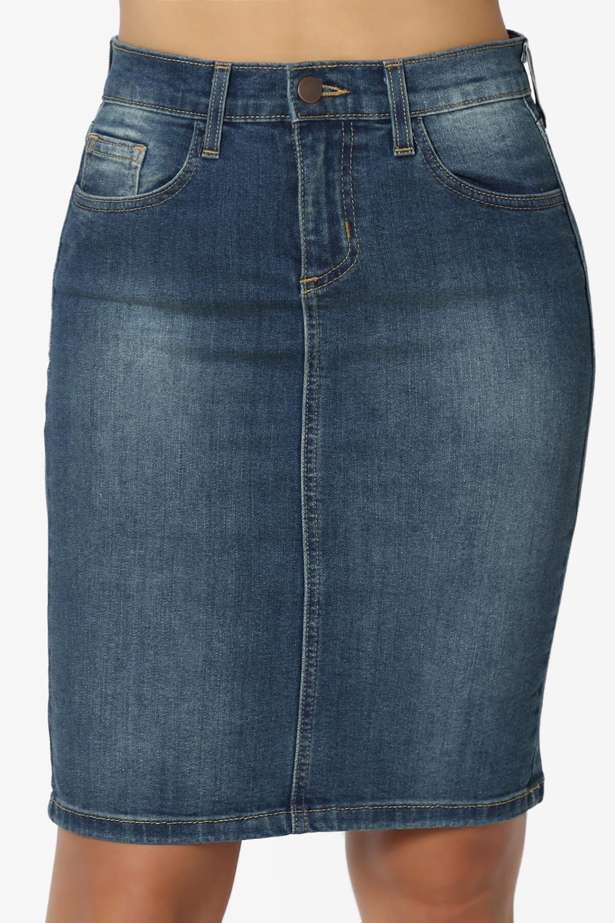 The Mogan Stone Wash Jean Pencil Knee-Length Midi Stretch Denim Skirt for Women - Vintage Style Slim Fit Denim Skirt for Casual Outfits, Office Wear & Date Night