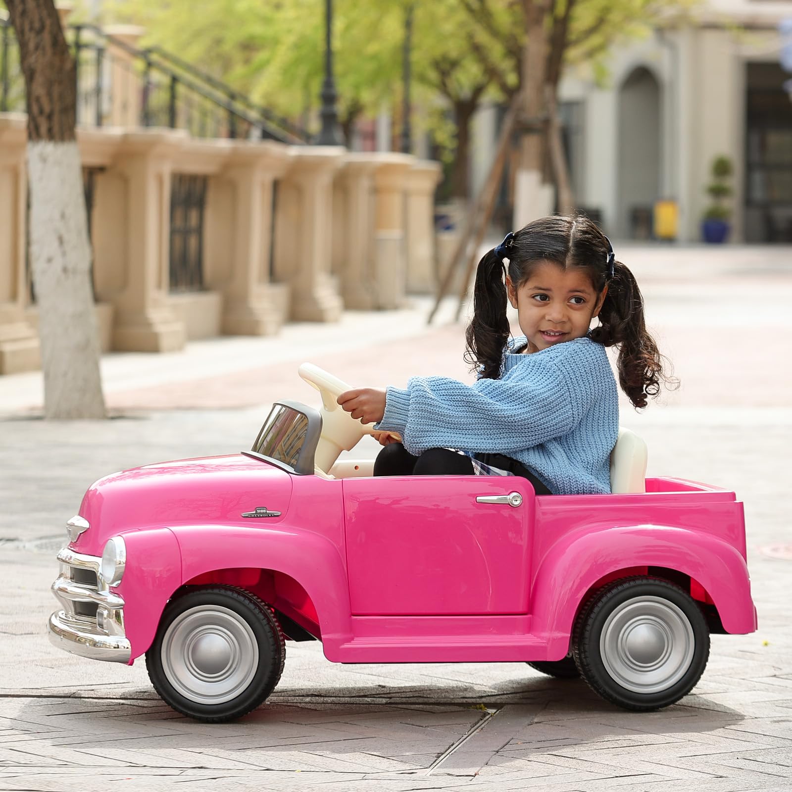Joywhale 12V Kids Ride on Car - Licensed Chevrolet 3100 Pickup Electric Toy Vehicle with 7AH Battery, 2.4G Remote Control, 3 Speed Modes, Music & Storage | Retro Style Pink Battery-Powered Motorized Car for Boys & Girls | Perfect for Birthday Gifts, Outdoor Play & Backyard Fun
