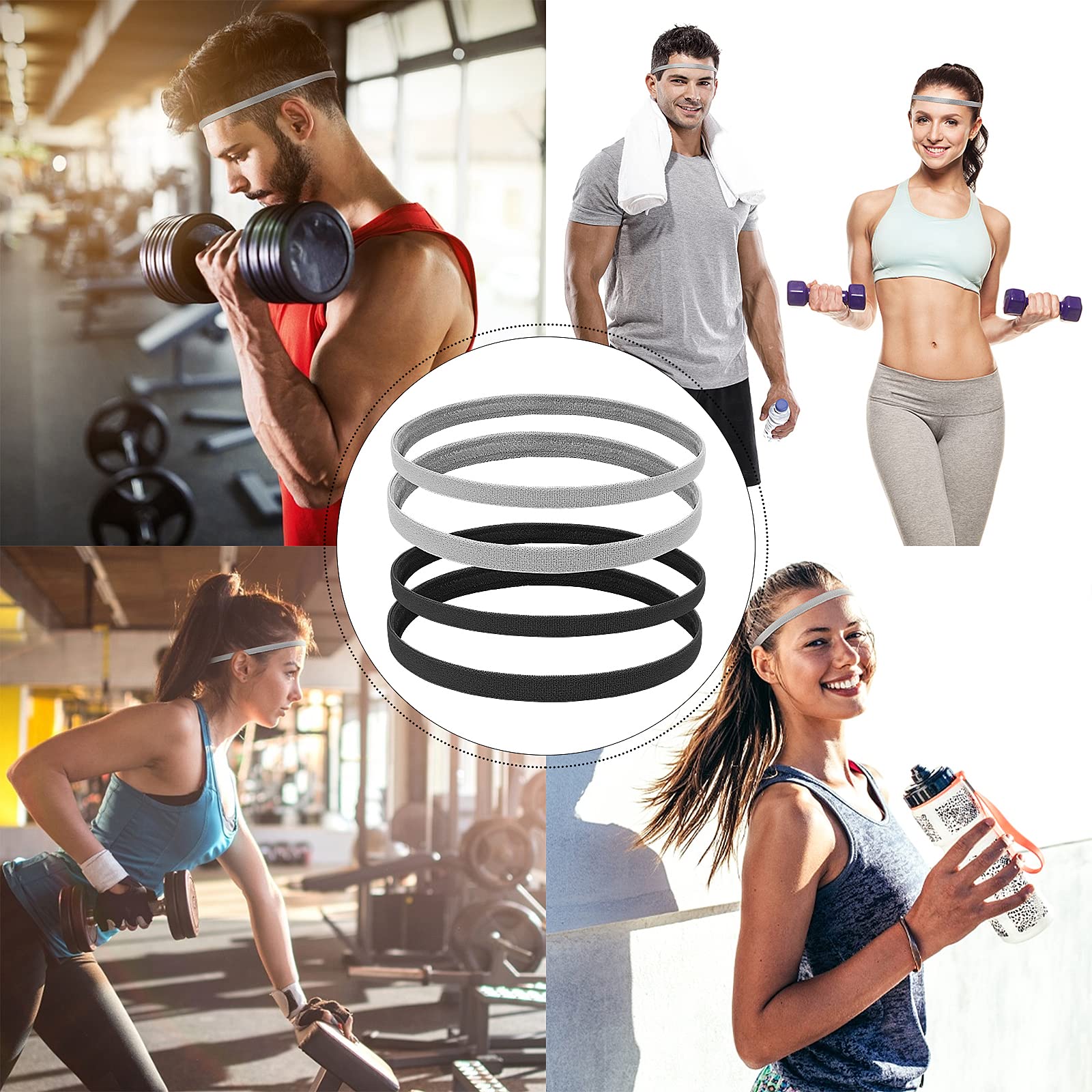 Sibba 4-Pack Non-Slip Silicone Grip Athletic Headbands - Thin Elastic Sports Hair Bands for Men, Women, Boys & Girls - Perfect for Yoga, Running, Soccer & Workout Sweat Protection