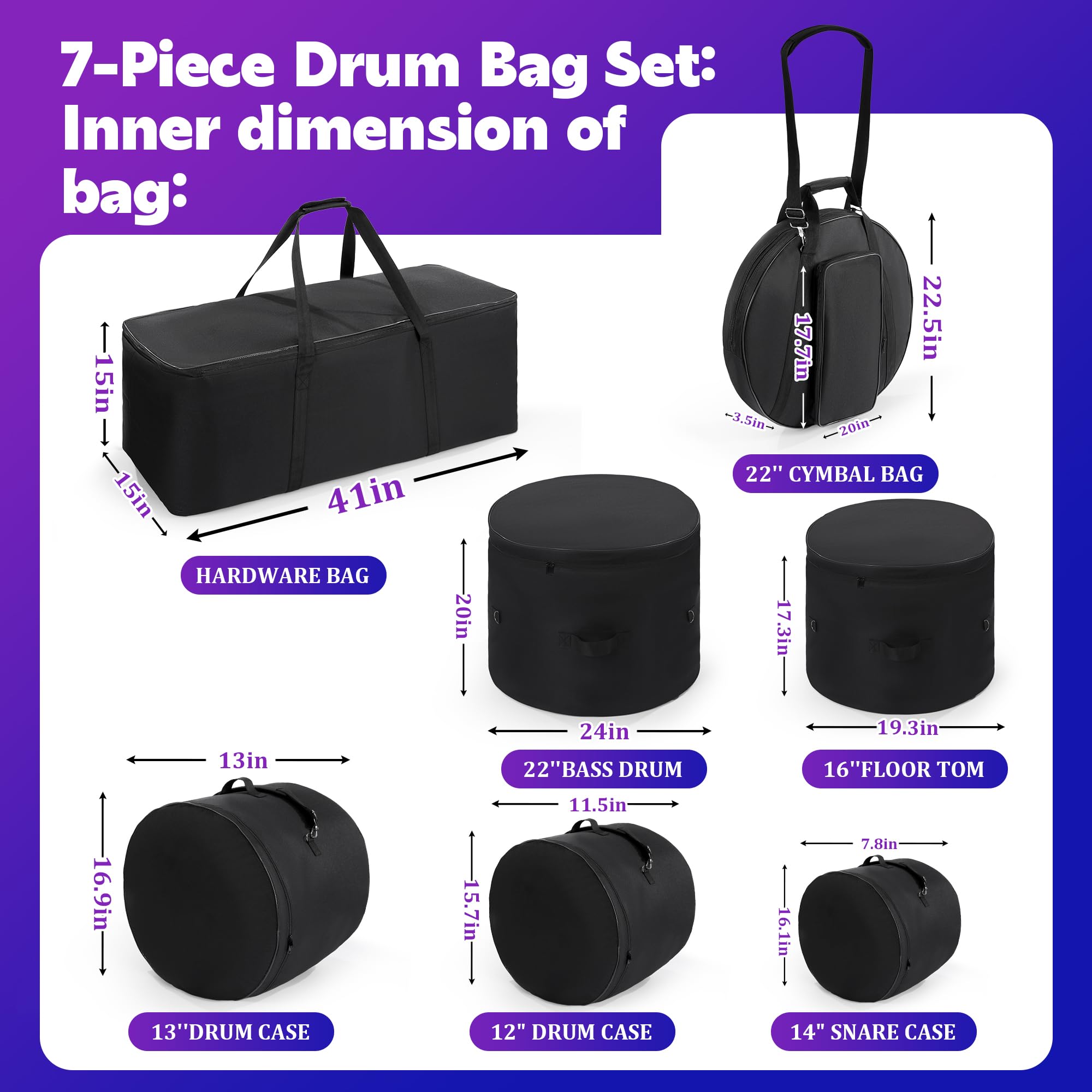 BALAPET 7-Piece Drum Case Set - Padded Drum Bags for 12