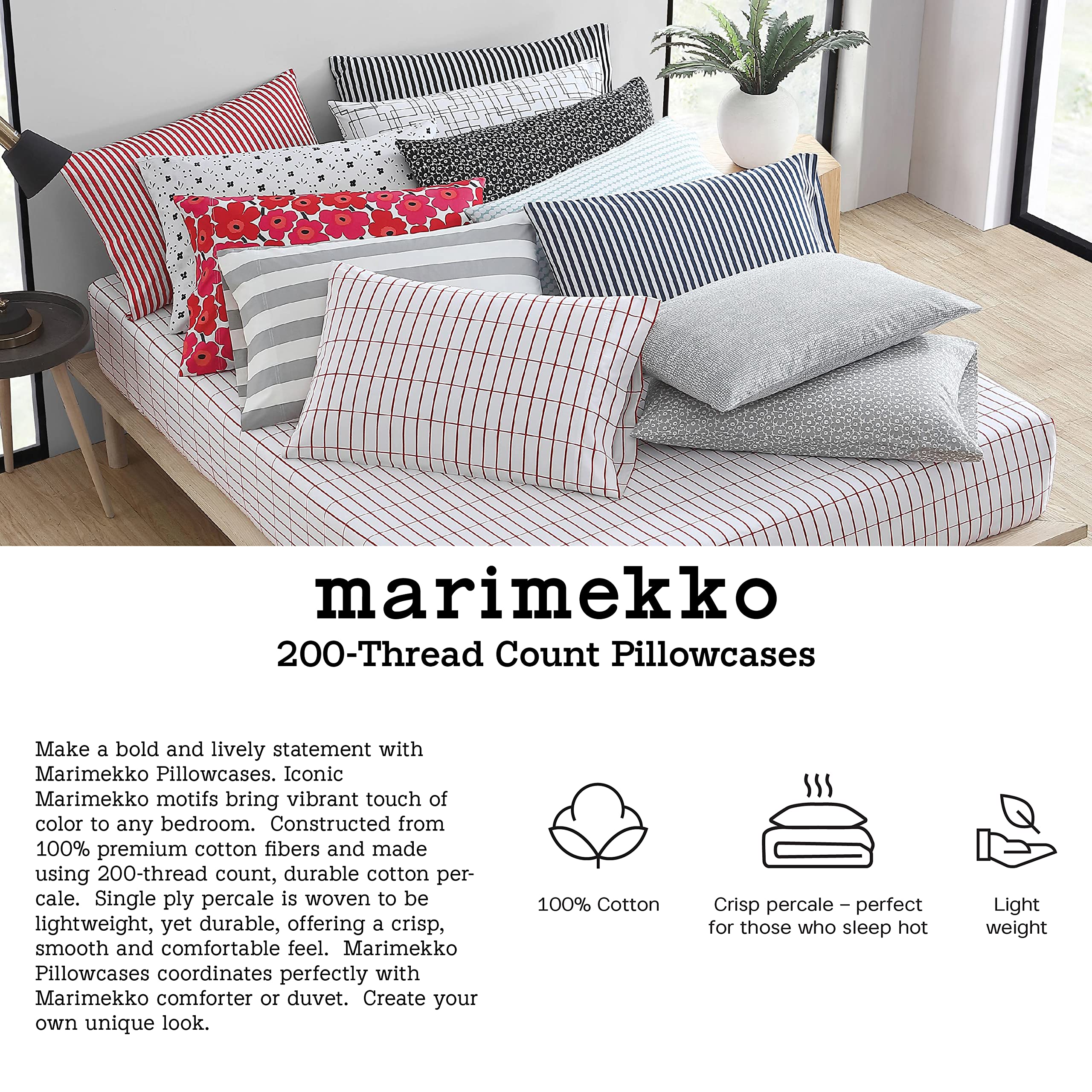 MARIMEKKO Queen Sheets - 100% Cotton Percale Bedding Set | Crisp & Cool Luxury Bed Linens | Unikko Floral Pattern | Perfect for Master Bedroom & Guest Room Decor