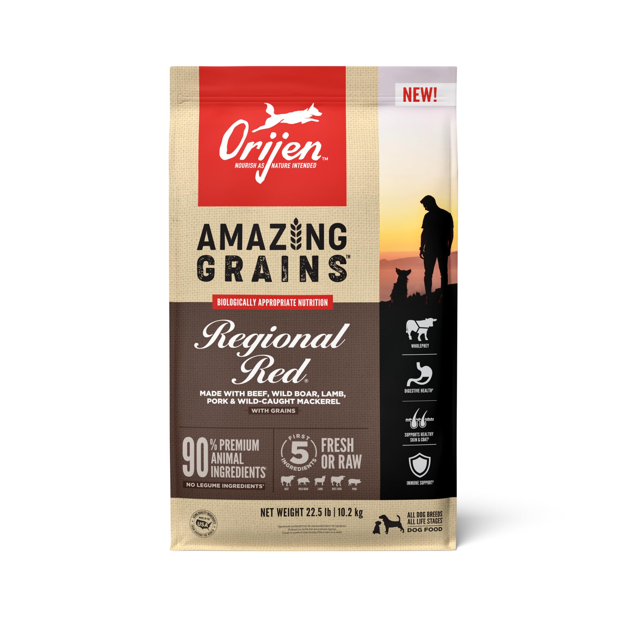 ORIJEN Amazing Grains Regional RED High Protein Dry Dog Food for All Life Stages - 22.5lb Bag with Fresh & Raw Ingredients | Premium Nutrition for Active Dogs, Puppies & Senior Pets | Perfect for Daily Meals & Training Treats