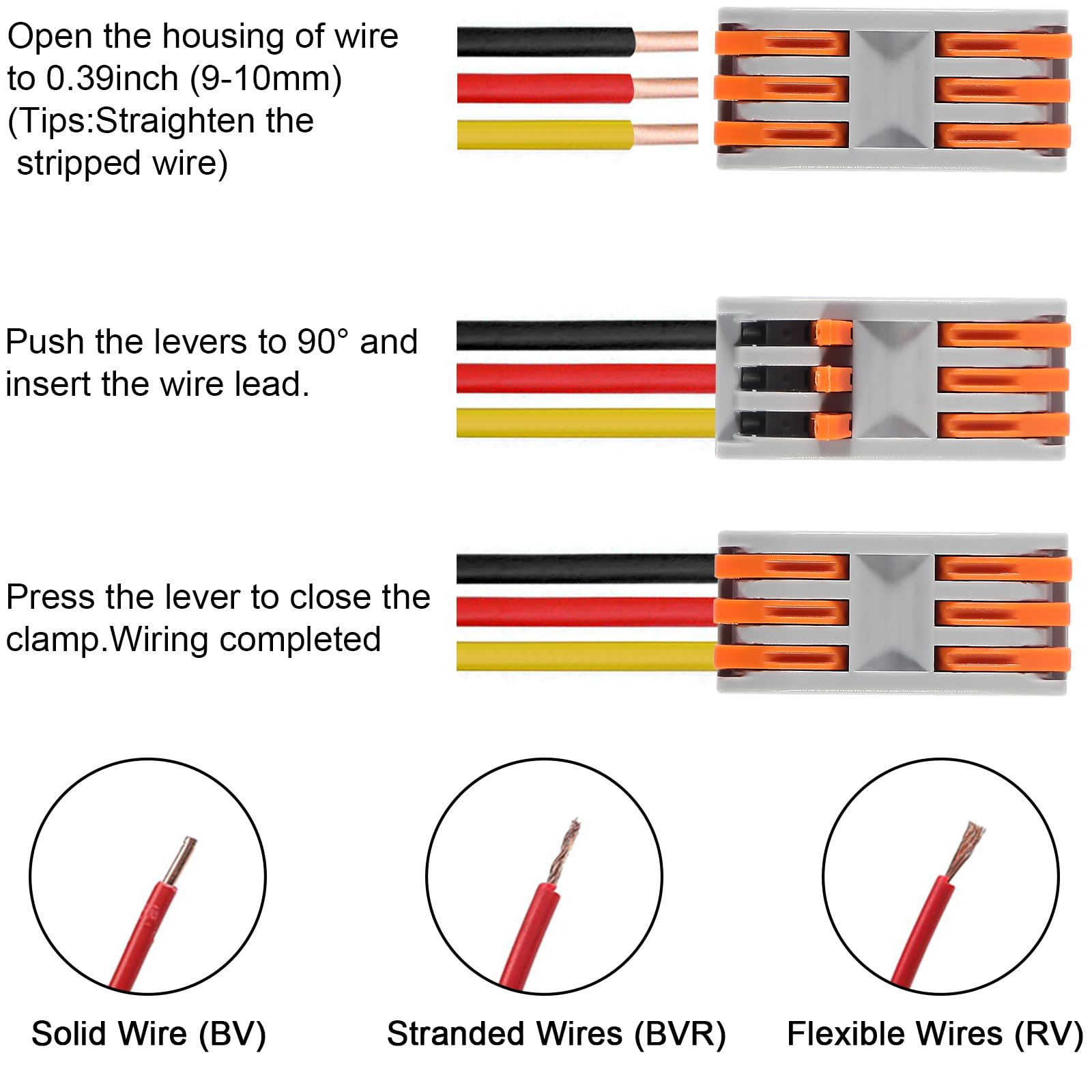 10pcs Lever Wire Connectors 3 Circuit Inline Splices - Electrical Quick Connect Wire Connectors 28-12 AWG for Home Wiring, DIY Projects & Electrical Repairs | SPL-3 Lever Nuts for Secure Connections