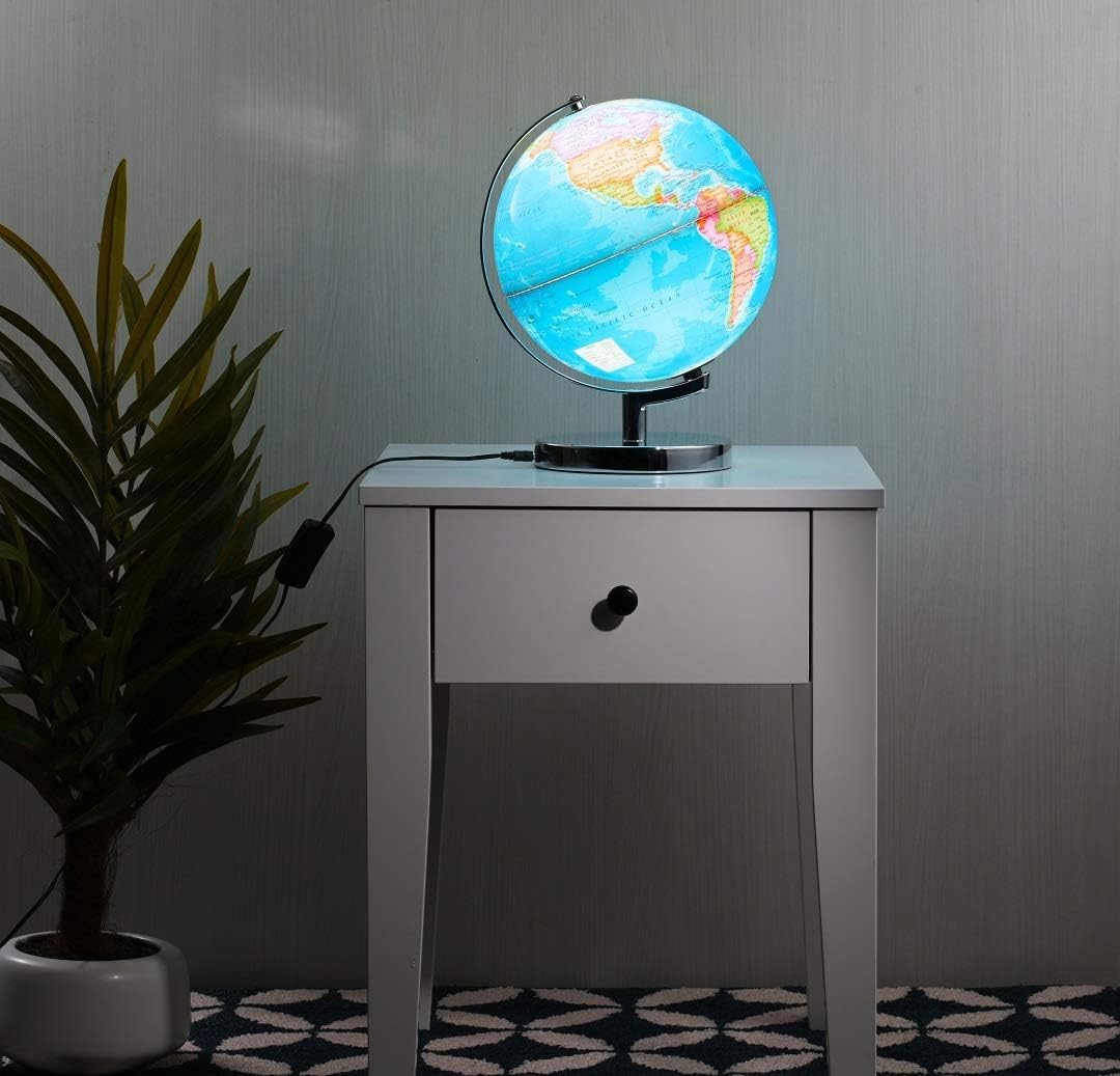 LED World Globe with Rotating Chrome Stand - 3-in-1 Educational Geography Map, Constellation Night Light & STEM Learning Tool for Kids & Adults (9.5 Inch) - Perfect for Bedroom Decor, Classroom Teaching & Astronomy Enthusiasts