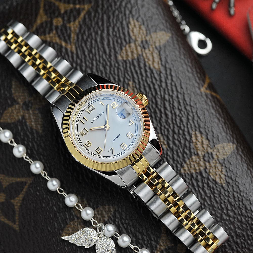 Aries Gold Two Tone Stainless Steel Women's Watch with Adjustable Strap - Elegant Fashion Timepiece for Women, Perfect for Office, Party & Everyday Wear (Model L 1070 2TG NUM)