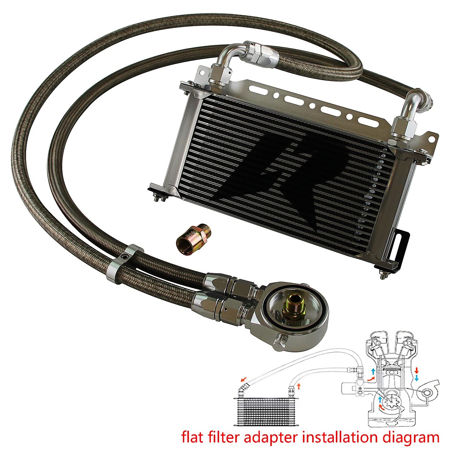 Universal AN10 19-Row Aluminum Engine Transmission Oil Cooler Kit with Bracket & Adapter Hose (34X16 & M20X1.5) - Silver - Perfect for Racing, Off-Road & High-Performance Vehicles