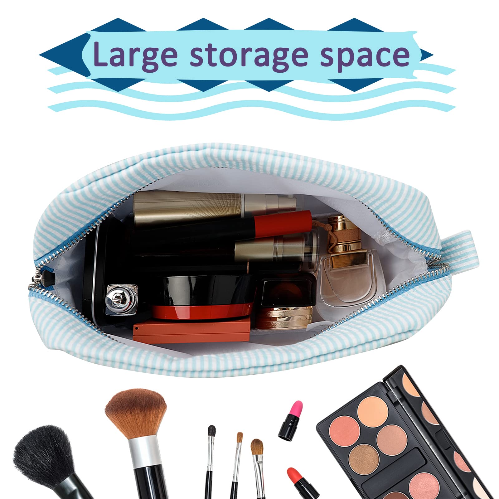 Cute Lightweight Makeup Bag for Women - Seersucker Cosmetic Organizer, Perfect Gift for Girls & Moms - Travel & Daily Use
