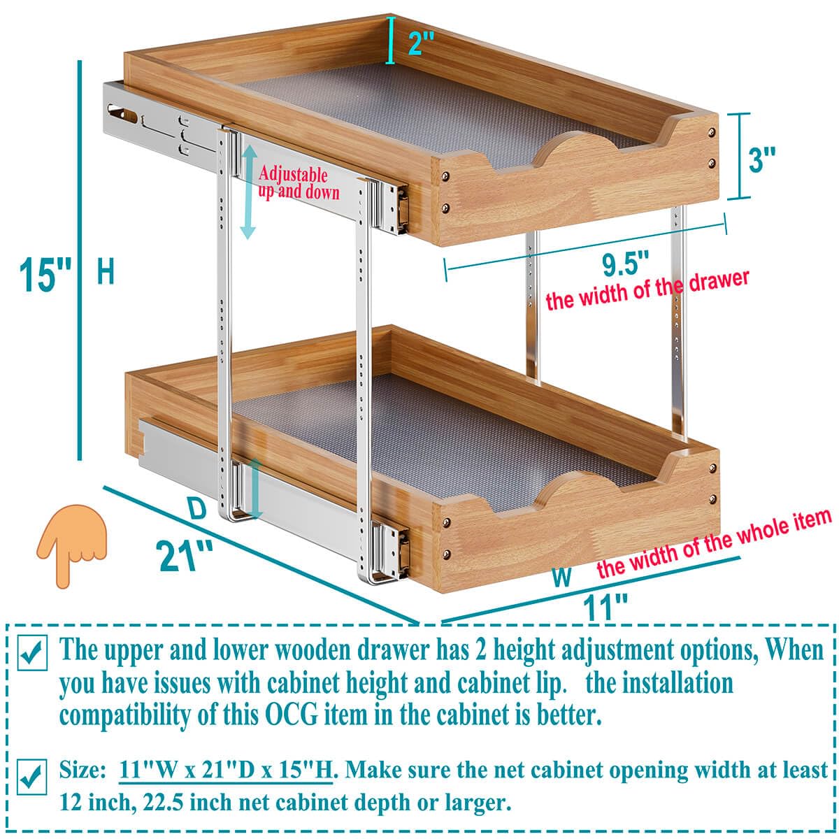 2-Tier Pull Out Cabinet Drawers - Wood Organizer for Kitchen, Pantry & Bathroom Storage