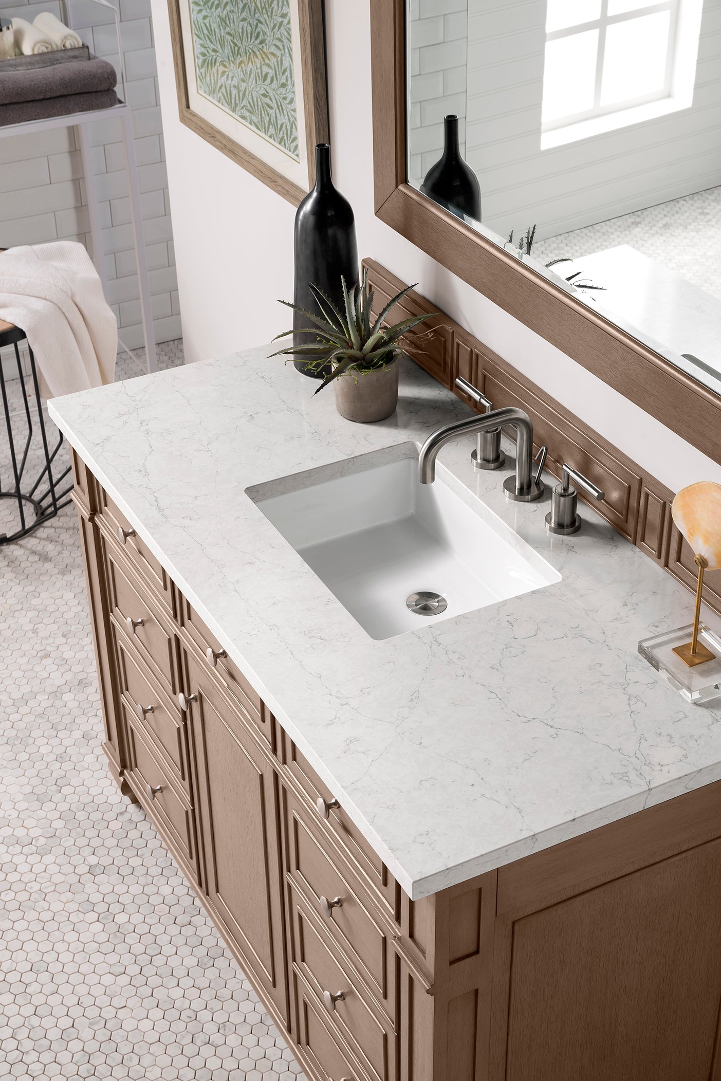 Bristol 48 Inch Single Bathroom Vanity Set - Whitewashed Walnut with 3CM Eternal Jasmine Pearl Quartz Countertop | Modern Farmhouse Style for Master Bath, Guest Bath & Powder Room