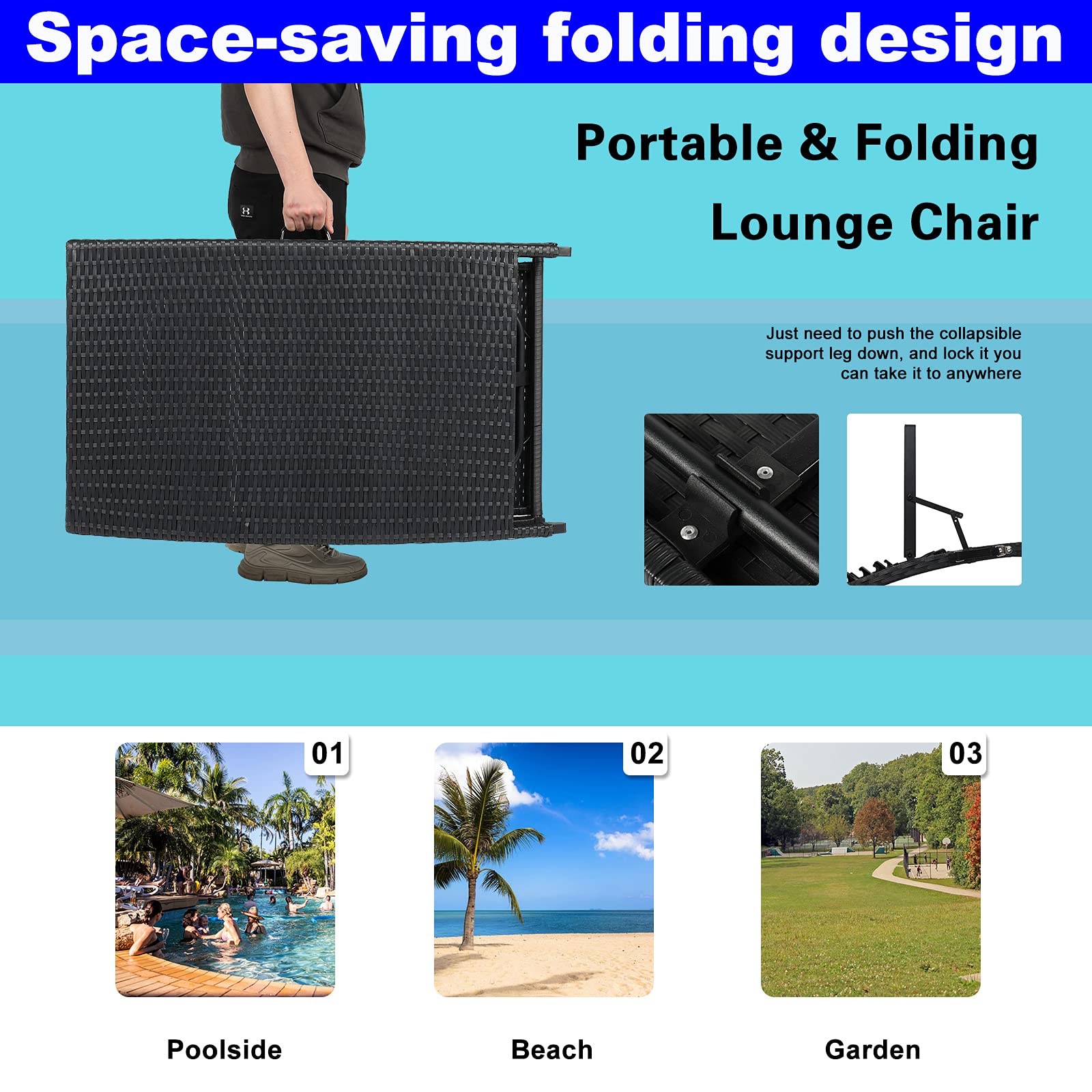 Upgraded 3-Piece Outdoor Folding Chaise Lounge Set - Rattan Wicker Adjustable Back Patio Recliner with Side Table & Cushions - Perfect for Poolside, Beach, Backyard & Garden Relaxation